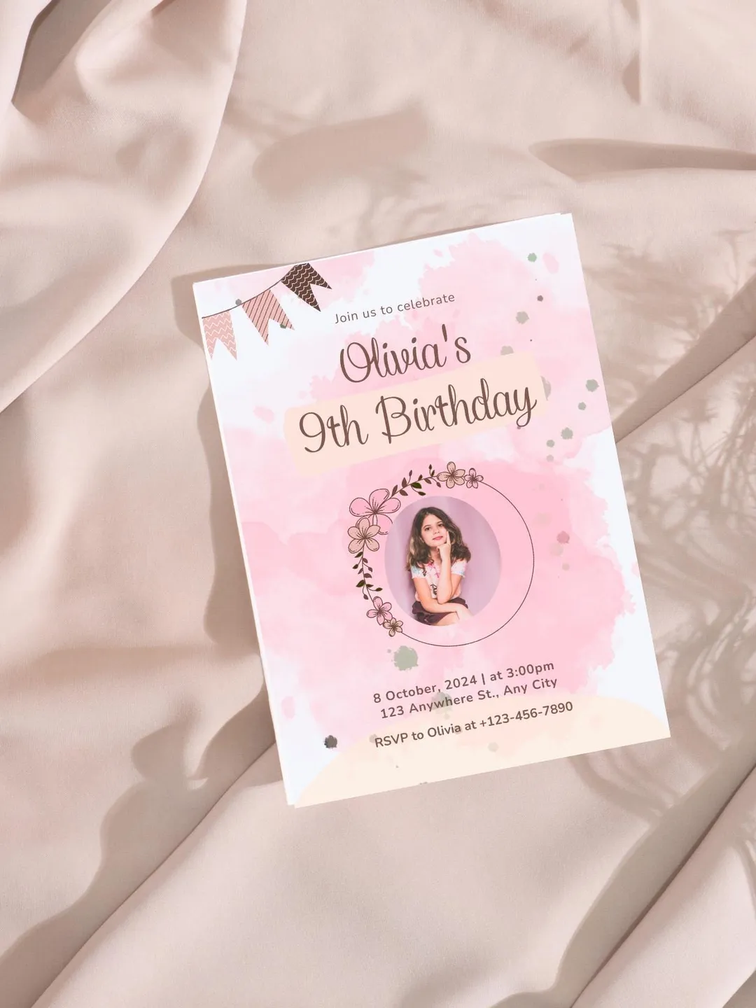 Girl 9th Birthday Invitation Editable Pink Balloons, Nine Digital Girl Invite, Canva Template