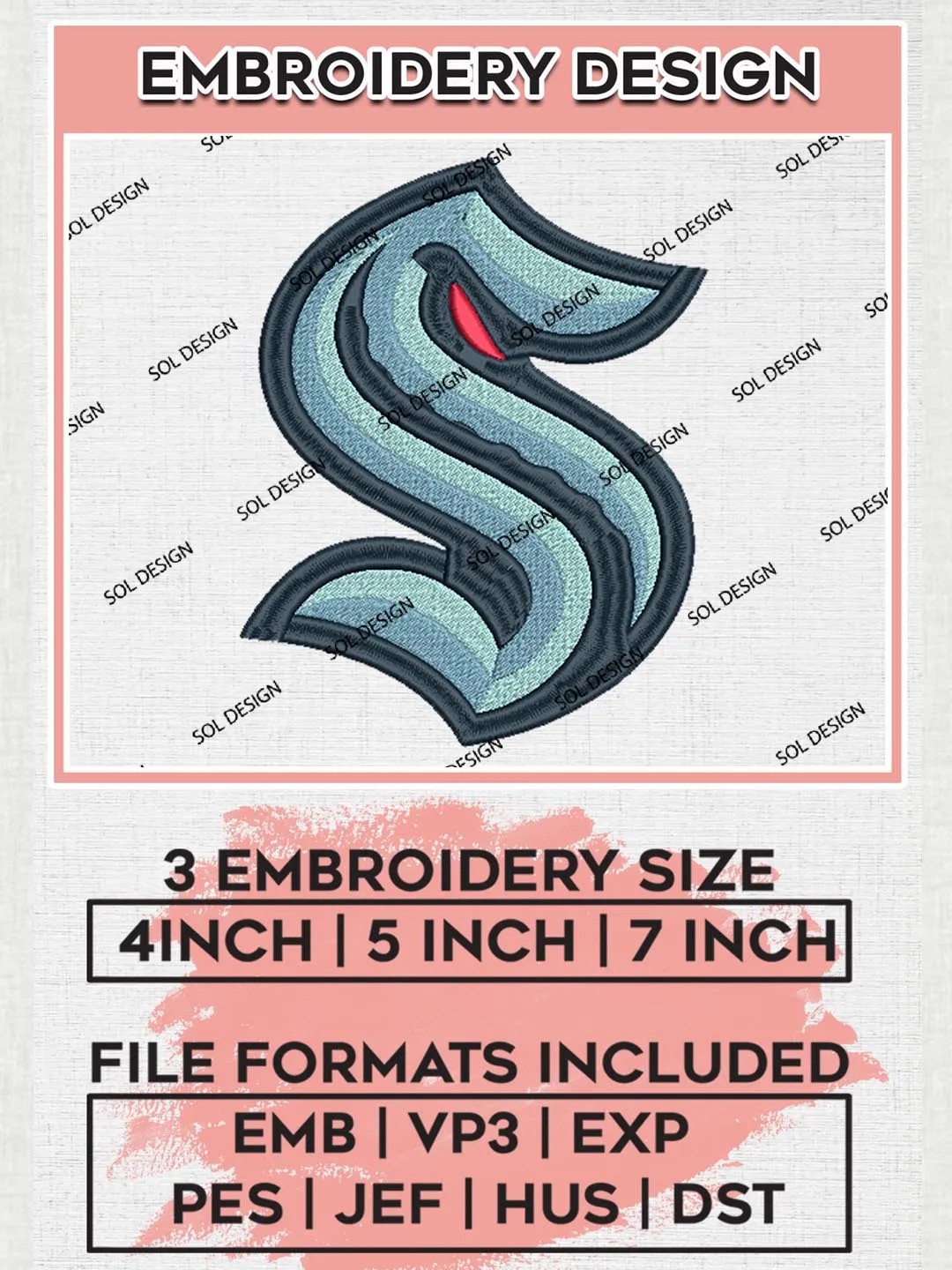 Seattle Kraken Machine Embroidery Files, NHL Seattle Kraken Embroidery Designs, NHL Seattle Logo, NHL Embroidery Design, Hockey Team, Digital Download