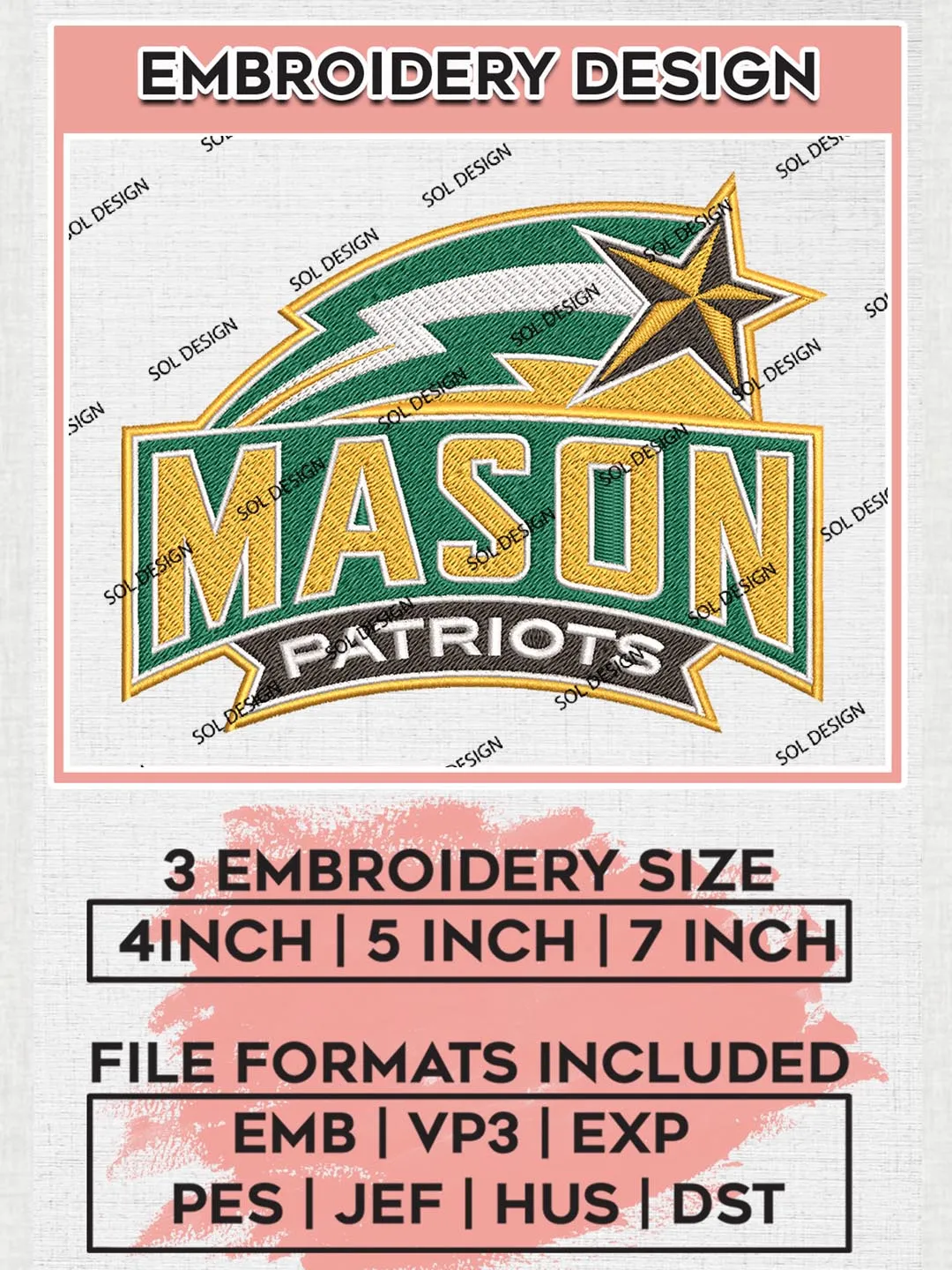 George Mason Patriots Logo Machine Embroidery Design, NCAA George Mason Patriots Embroidery Design Design files, NCAA Embroidery Designs, NCAA Machine Embroidery Designs, Digital Download
