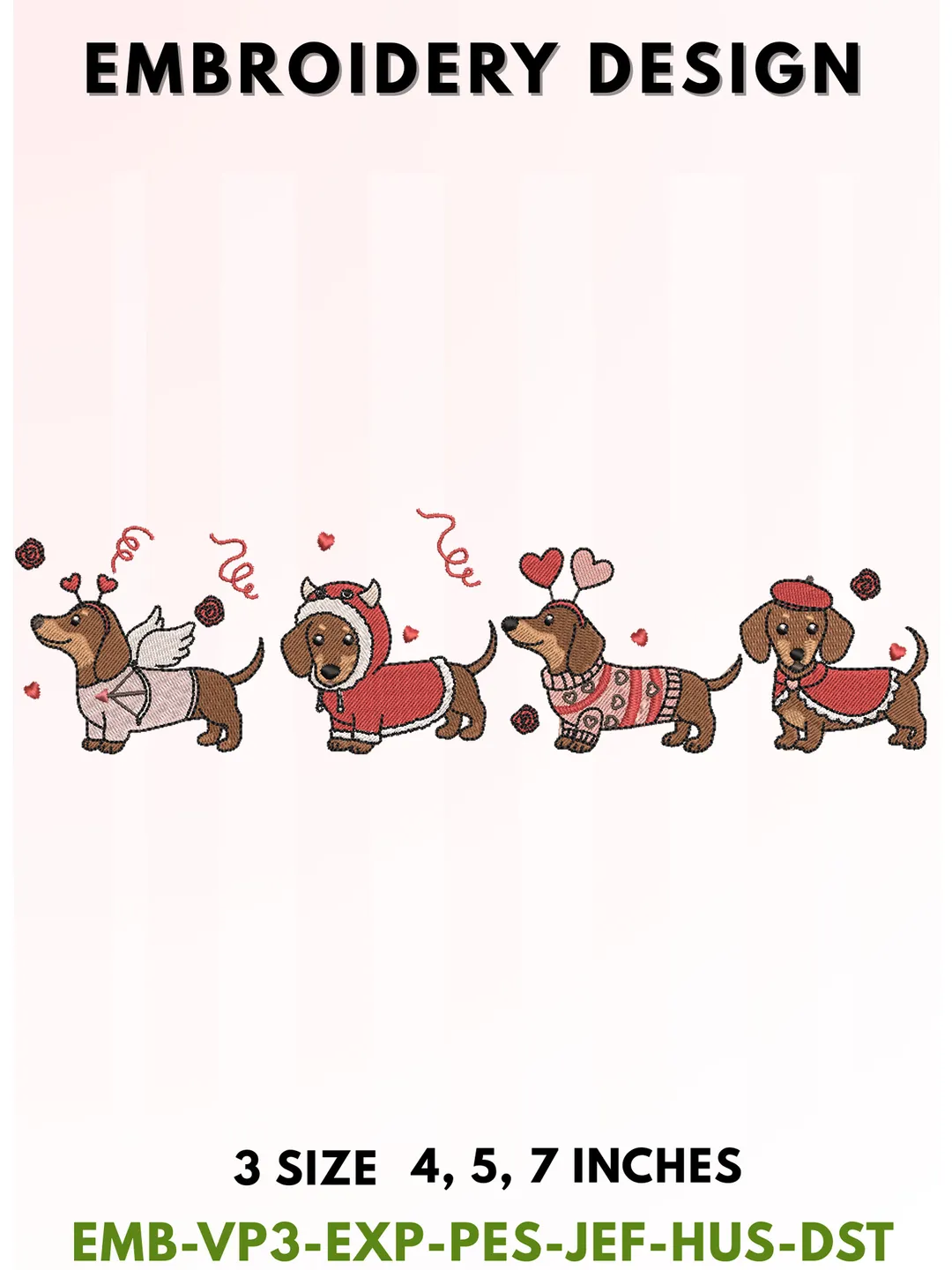 Valentine Dachshund Embroidery Design, Cute Sausage Dog Machine Embroidery File, Valentine Dog Embroidery Pattern, Puppy Love Embroidery Design, Digital Download