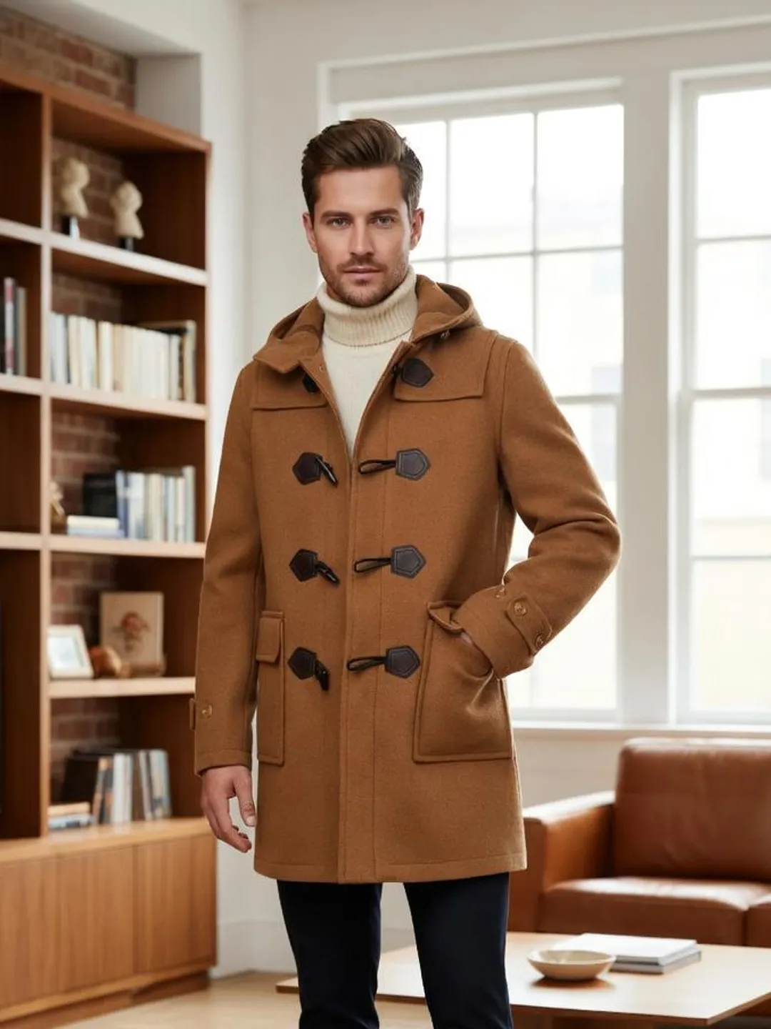 Handmade Wool Duffle Coat for Men – Camel Winter Toggle Coat
