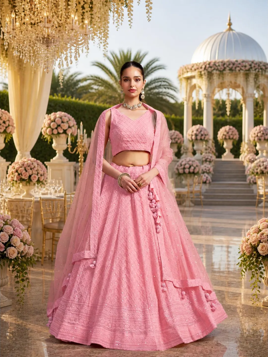 Pink Ready To Wear Lehenga Choli: Sequins Embroidery Indian Wedding Bridal Wear