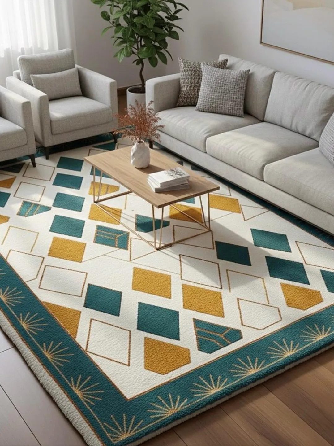 Hand Tufted Wool Area Rug – Retro Geometric, Mustard Rust