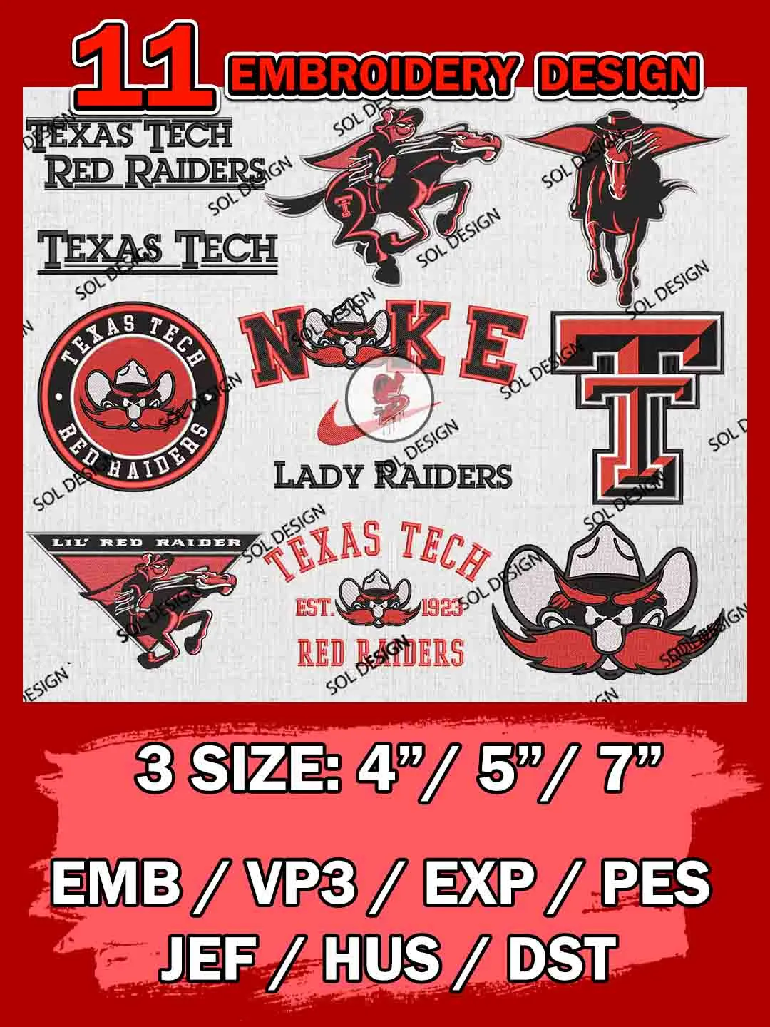 11 NCAA Texas Tech Red Raiders Bundle Embroidery Files, NCAA Texas Tech Red Raiders Team Bundle Embroidery Designs, NCAA Teams, National College Football Team 3 sizes, NCAA Texas Tech Machine Embroidery, Digital Download