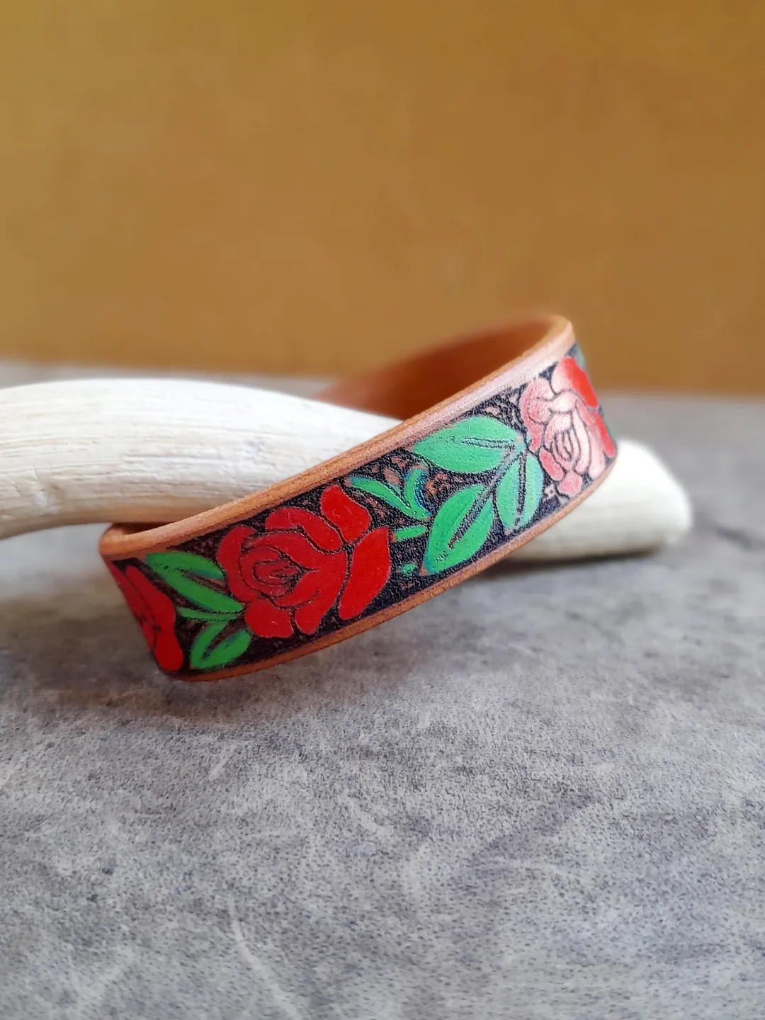 Hand Painted Red Rose Vine Leather Cuff Bracelet, Rose Floral Leather, Personalized Rose Bracelet, Gift for Daughter, Plant Lover Gift Idea