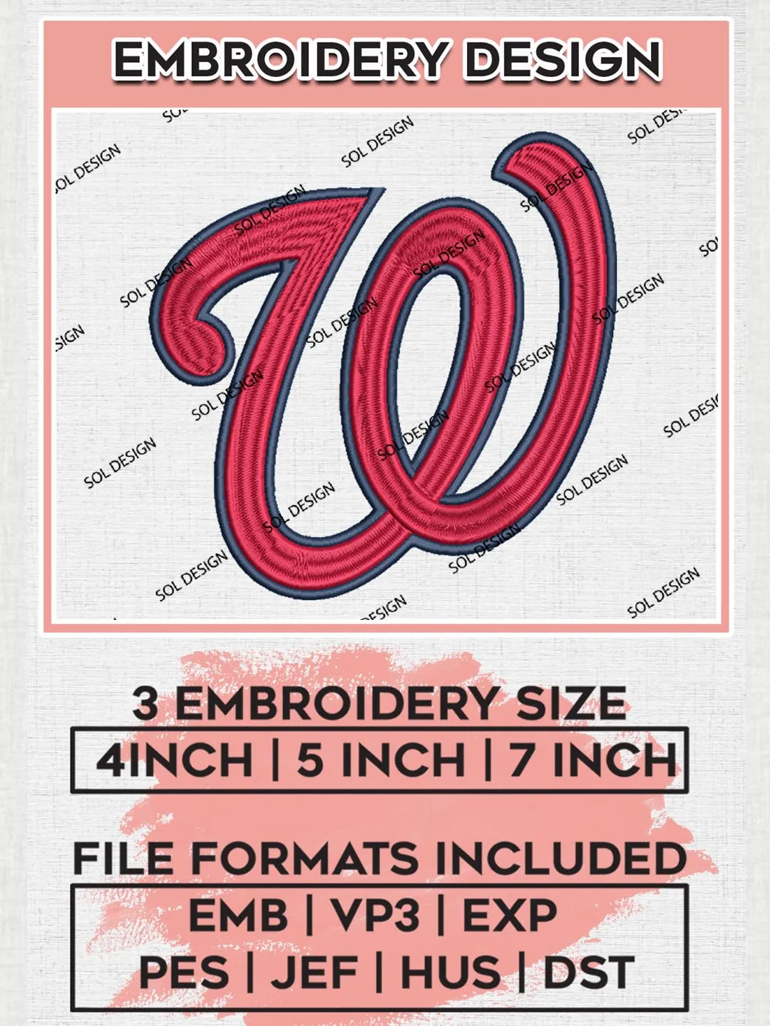 MLB Washington Nationals Logo Embroidery Design Files, MLB Washington Nationals Team Embroidery, MLB Teams, 3 sizes, MLB Machine embroidery designs, Digital Download