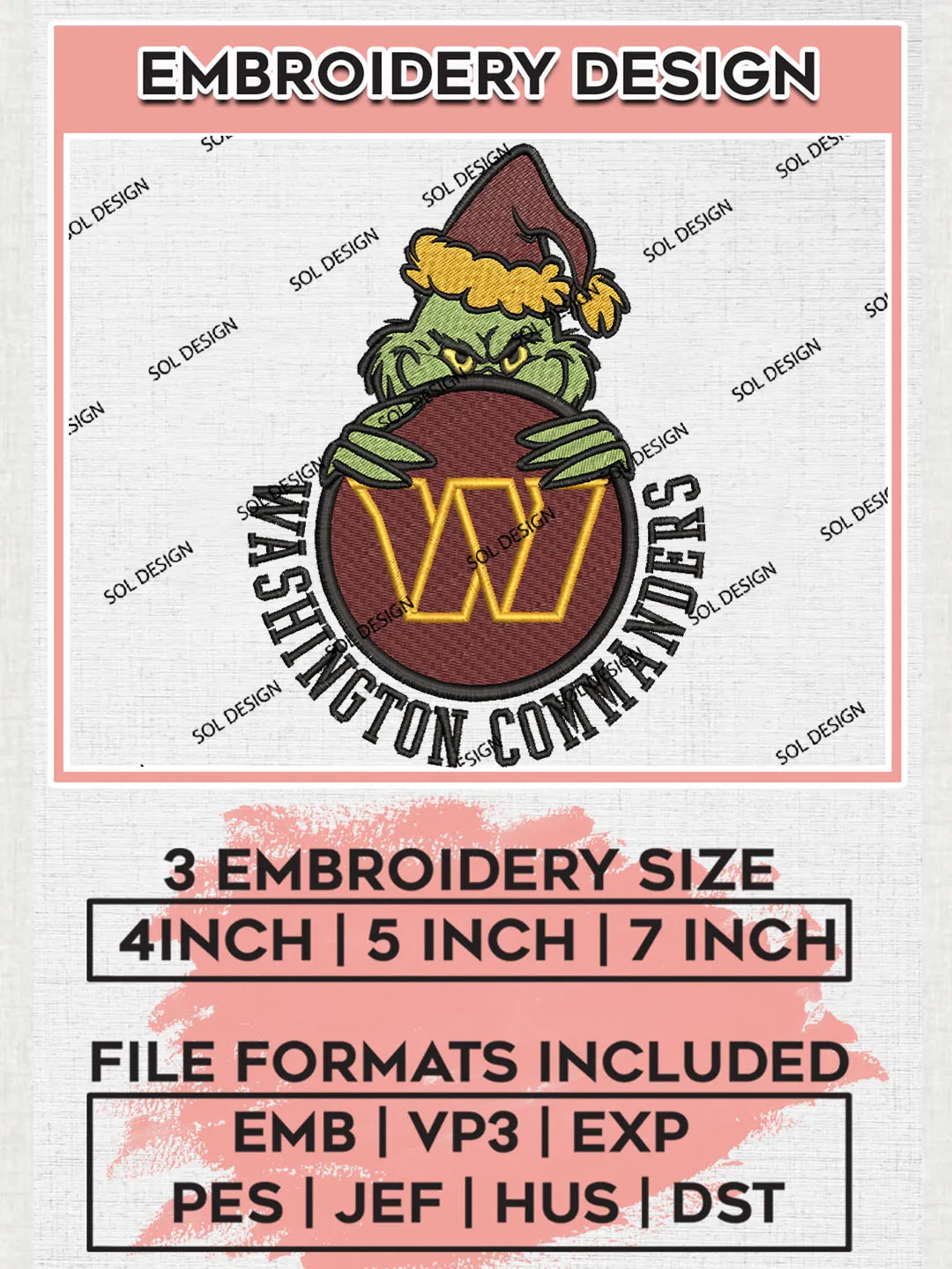 NFL Washington Commanders Team x Grinch Holding Ornament Logo Embroidery Designs, NFL Commanders Team Machine Embroidery Files, NFL Football Teams, 3 sizes, Grinch Machine embroidery designs, Digital Download