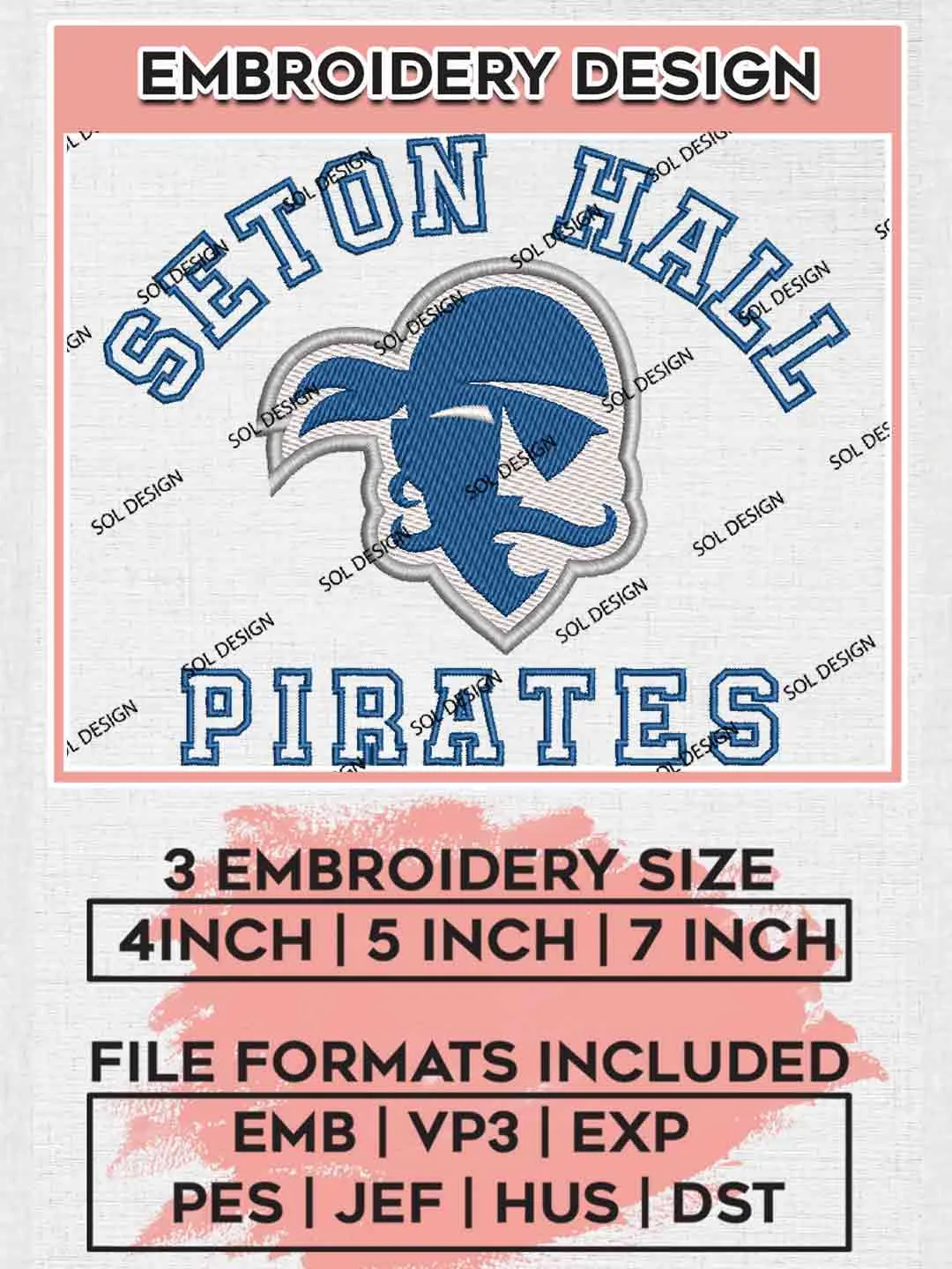 Seton Hall Pirate Embroidery Design, Football Embroidery files, Sport Machine embroidery files, 3 sizes, Instant Download