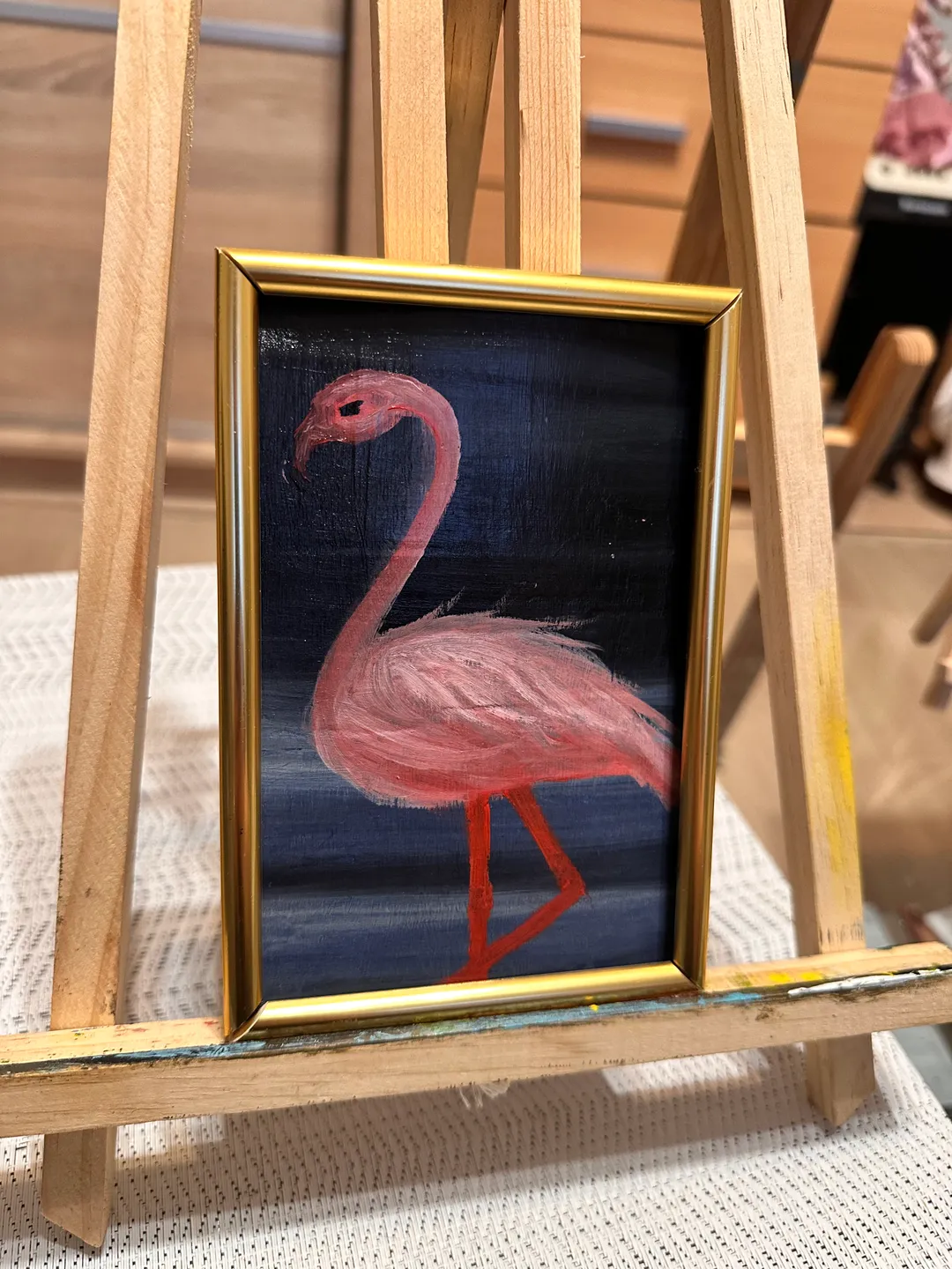 Oil painting. Pink flamingo.Birds.A water landscape.The miniature is 6x4 inches.Pape