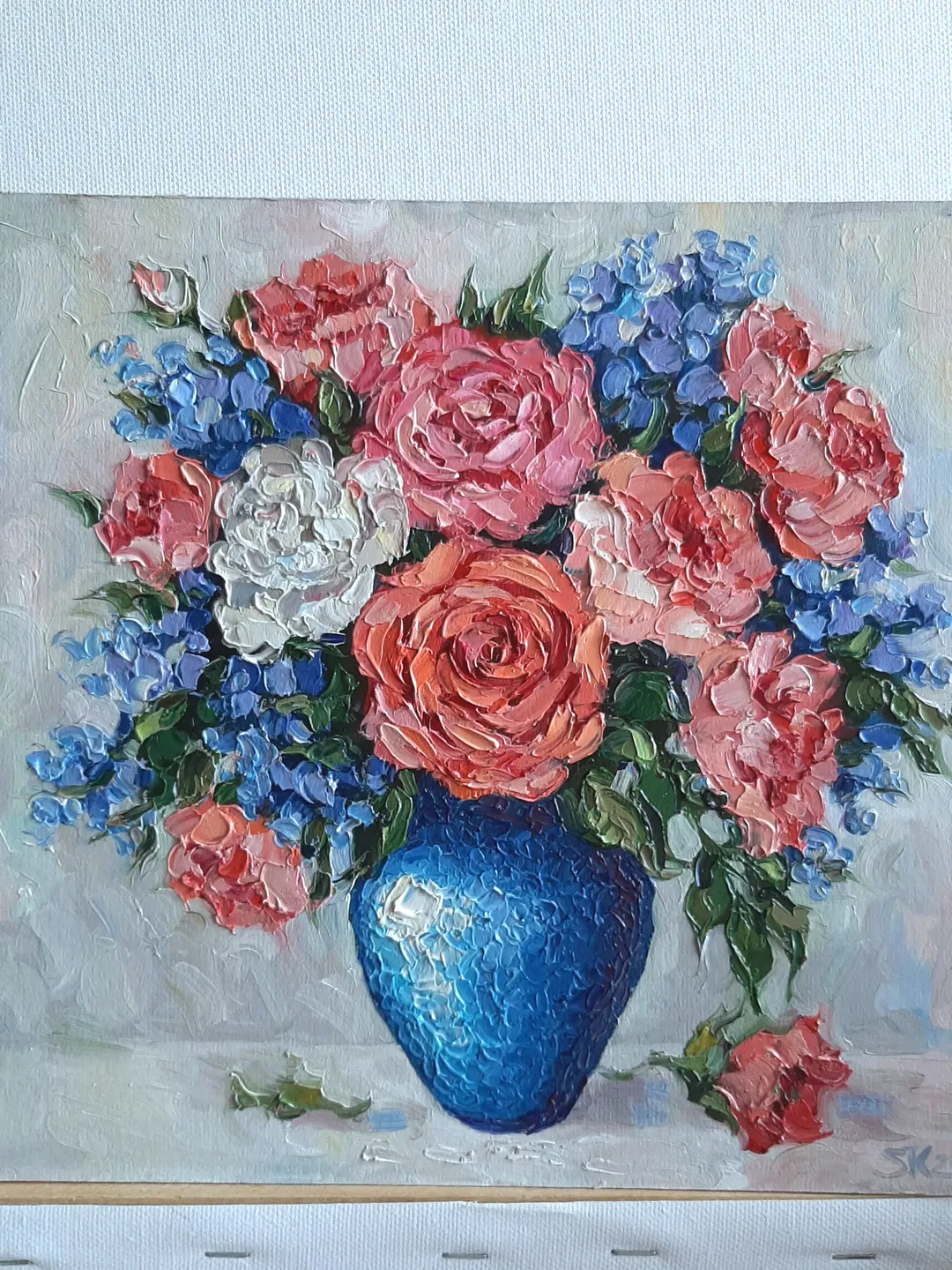 Roses oil painting / Pink flowers on blue art