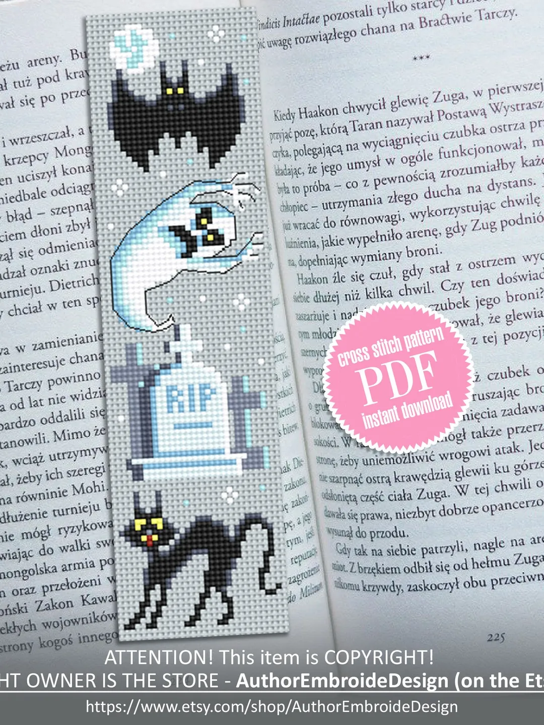 Halloween bookmark cross stitch pattern PDF download Ghost cross stitch chart, Handmade bookmark pattern digital, Black cat embroidery #B219