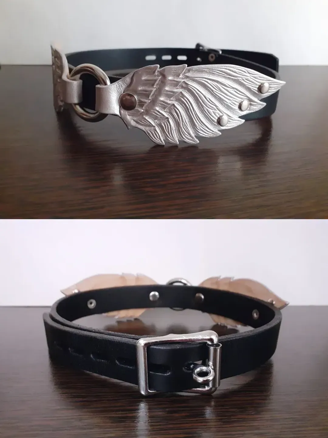 Personalized lockable bdsm day collar with silver wings. Custom leather slave collar for sub plus size.