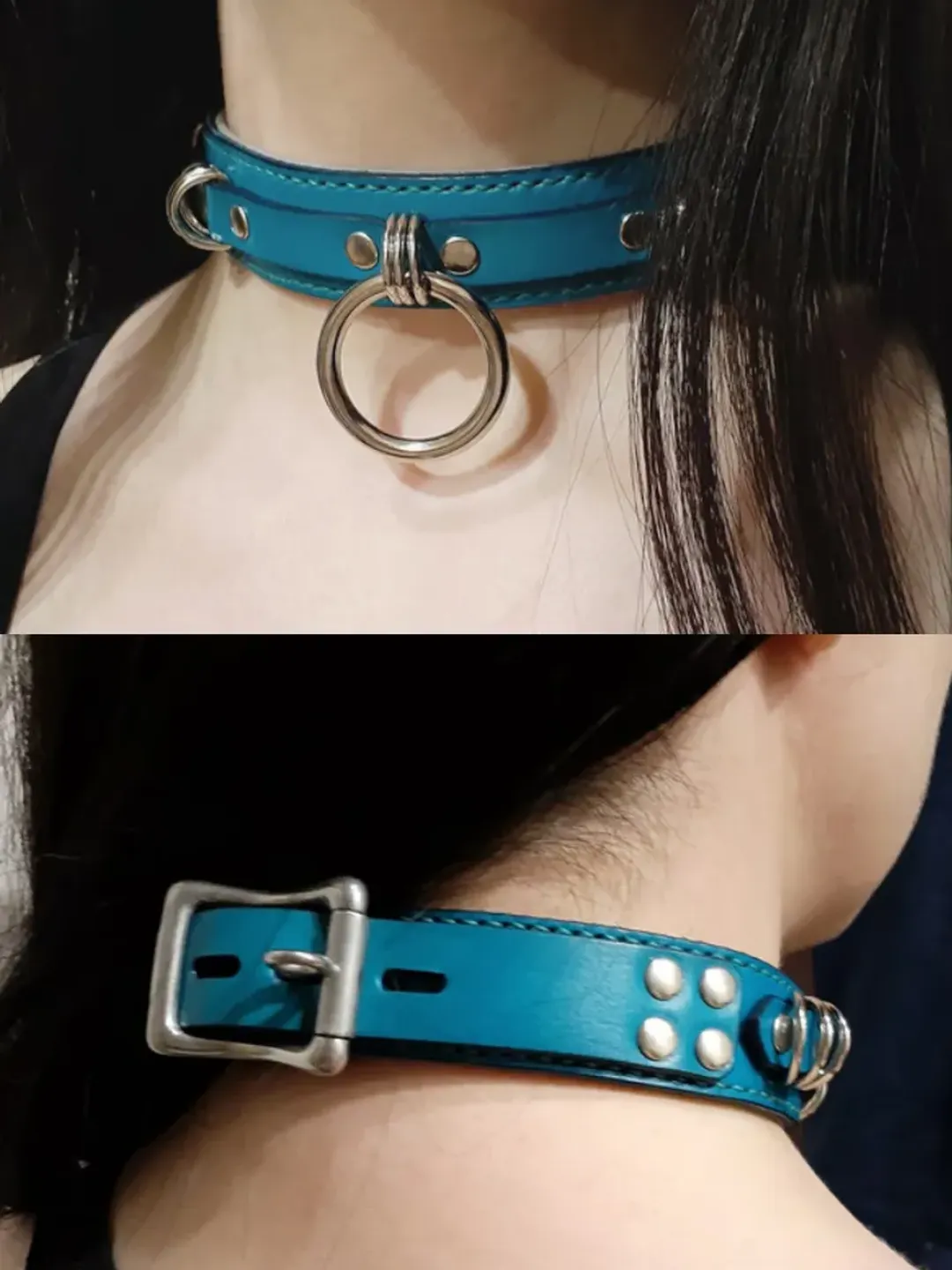 Turquoise leather submissive bdsm collar Lockable slave collar with soft suede lining