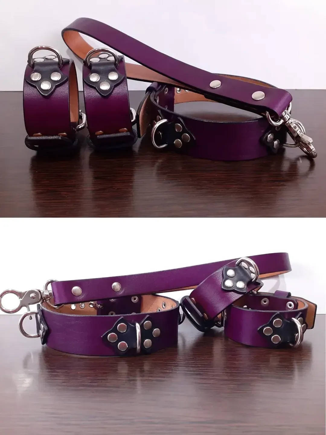 Personalized purple leather submissive set Bdsm collar wrist cuffs short leash