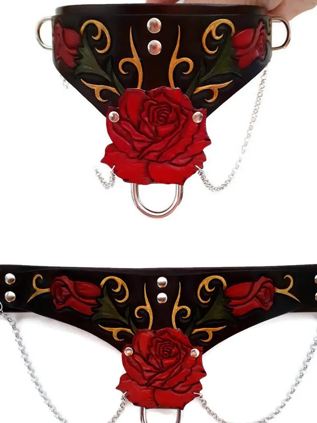 Premium leather bondage sub collar with red roses and chains