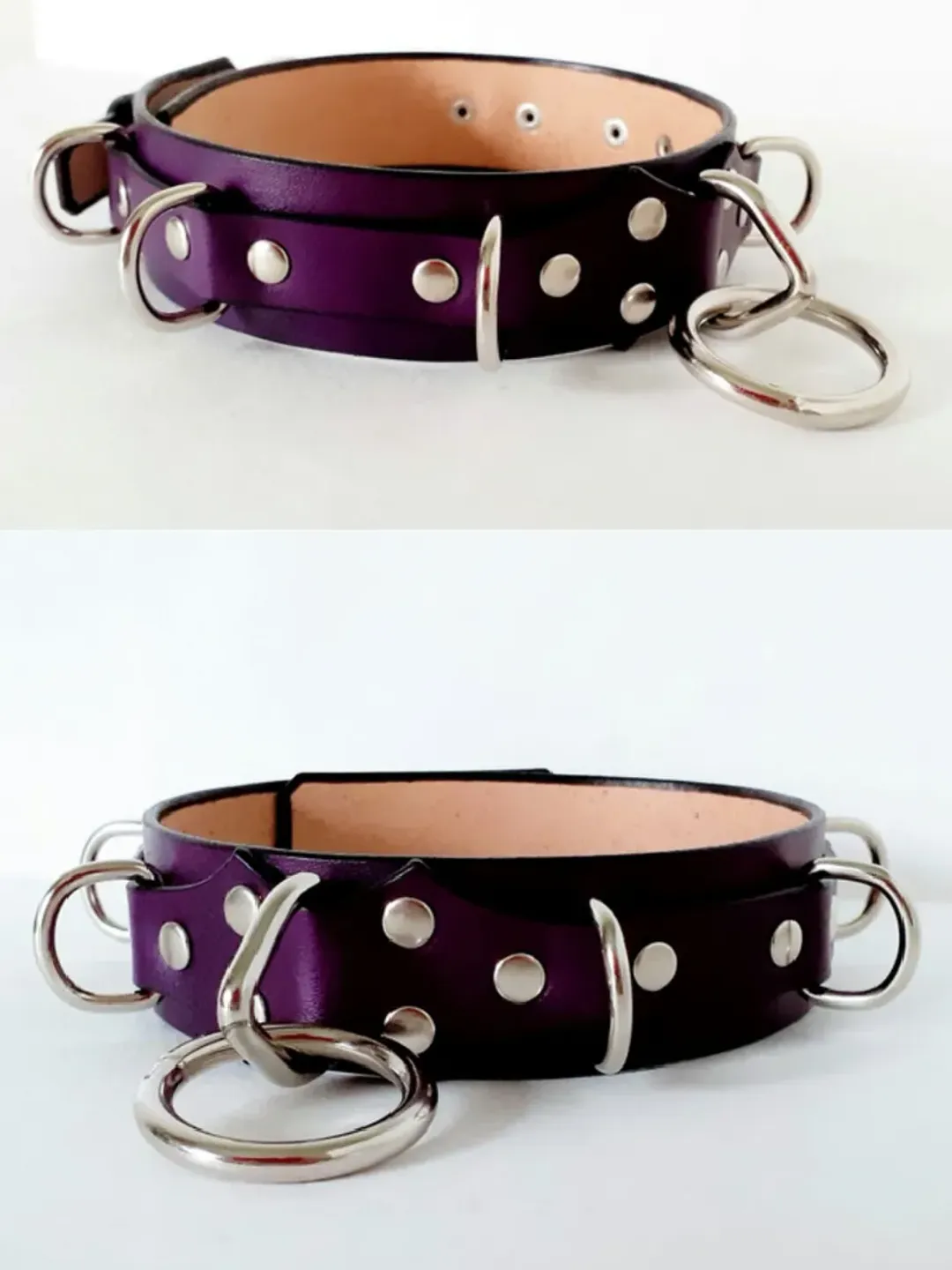 Handmade purple leather bdsm collar o-ring custom size