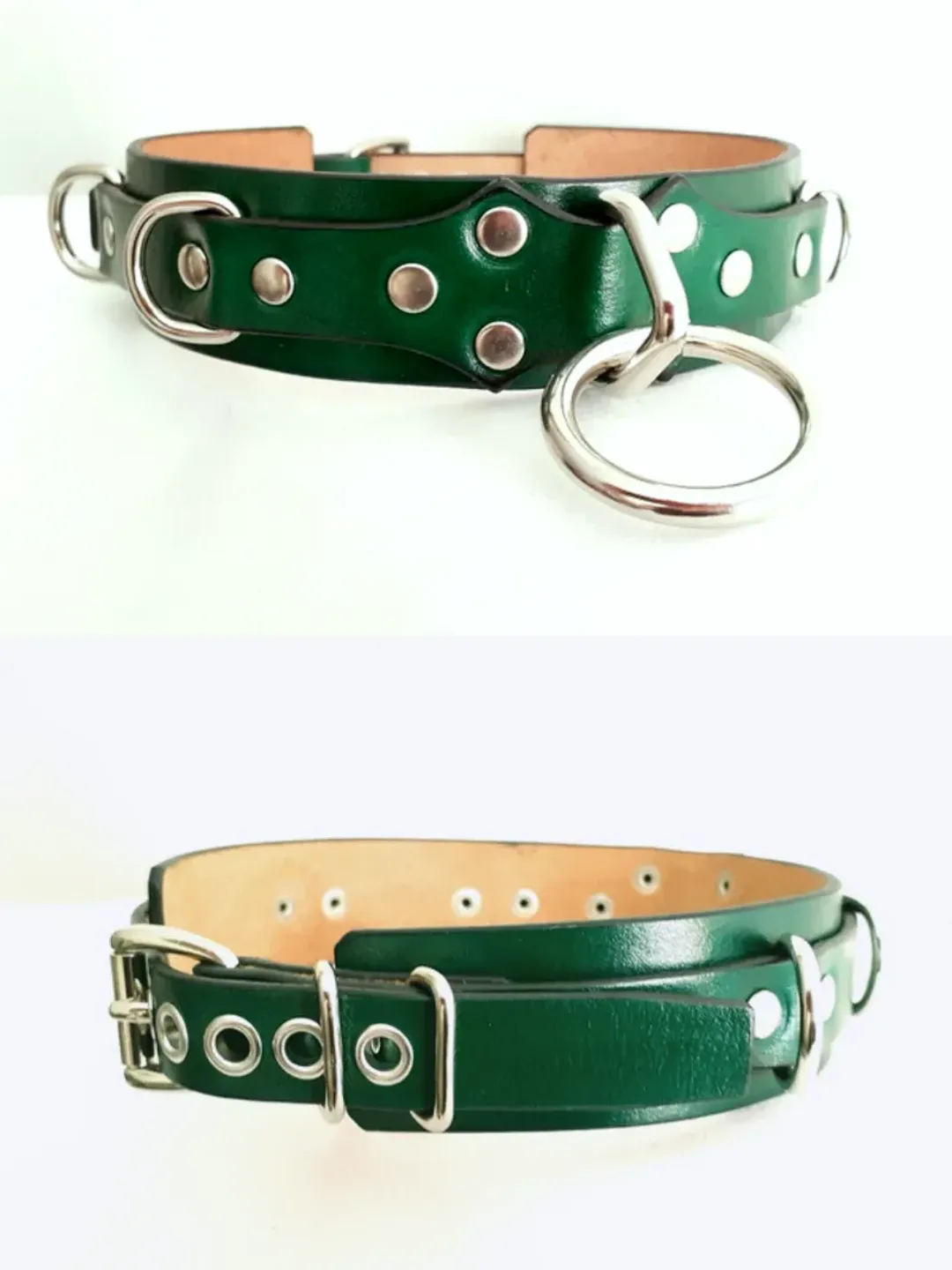 Dark green leather submissive bdsm collar plus size