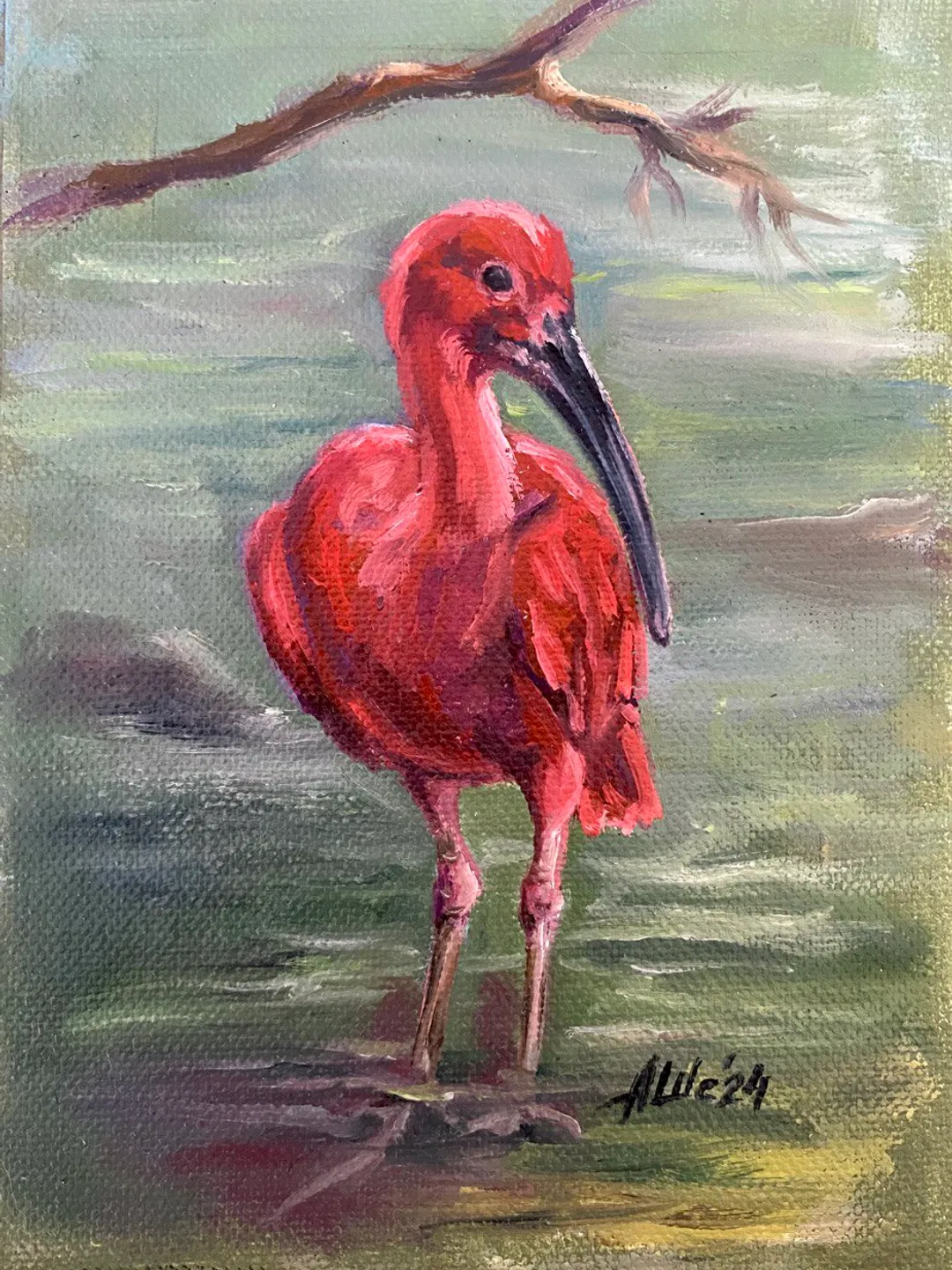 Ibis painting Oil painting Pond landscape Bird painting
