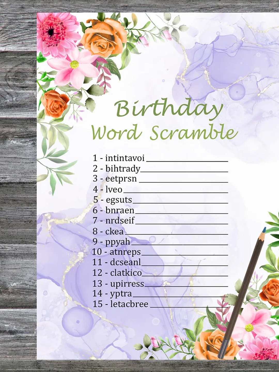 Pink Flowers Birthday Word Scramble Game,Adult Birthday party game-fun games for her-Instant download