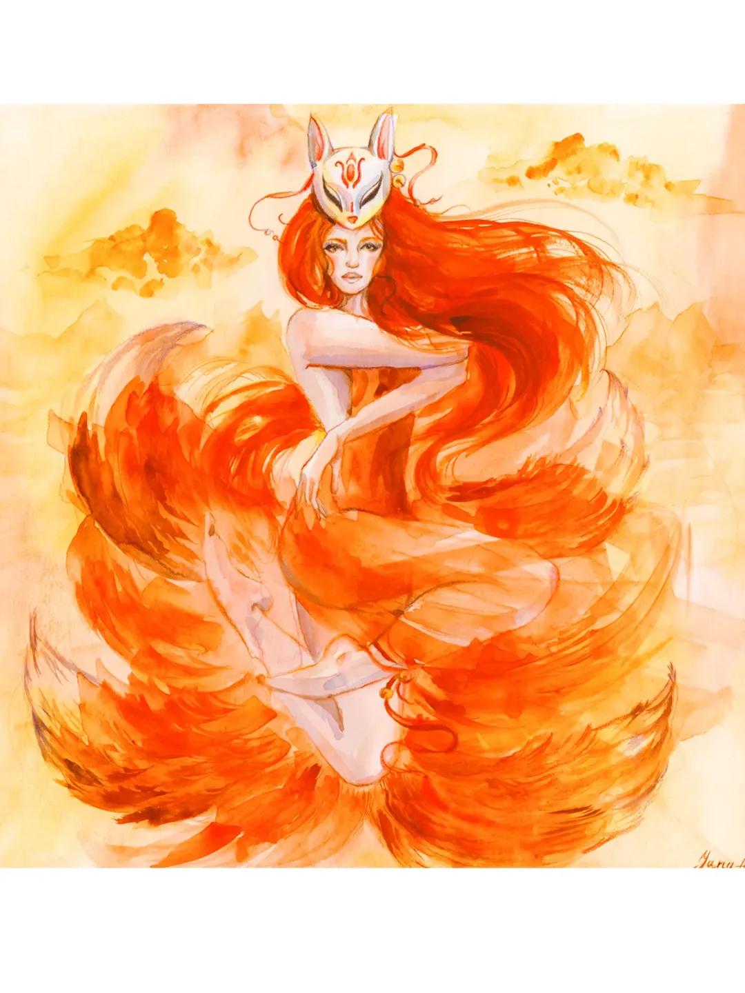 Kitsune Painting Woman Fox Original Art Fox Kitsune Watercolor Artwork