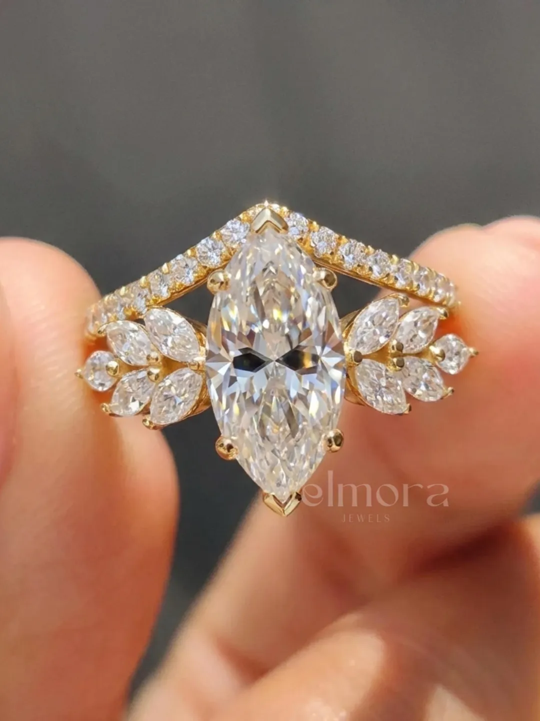 Marquise Cut Engagement Ring Set, Leaf Cluster Wedding Band, Vintage Bridal Gift for Her
