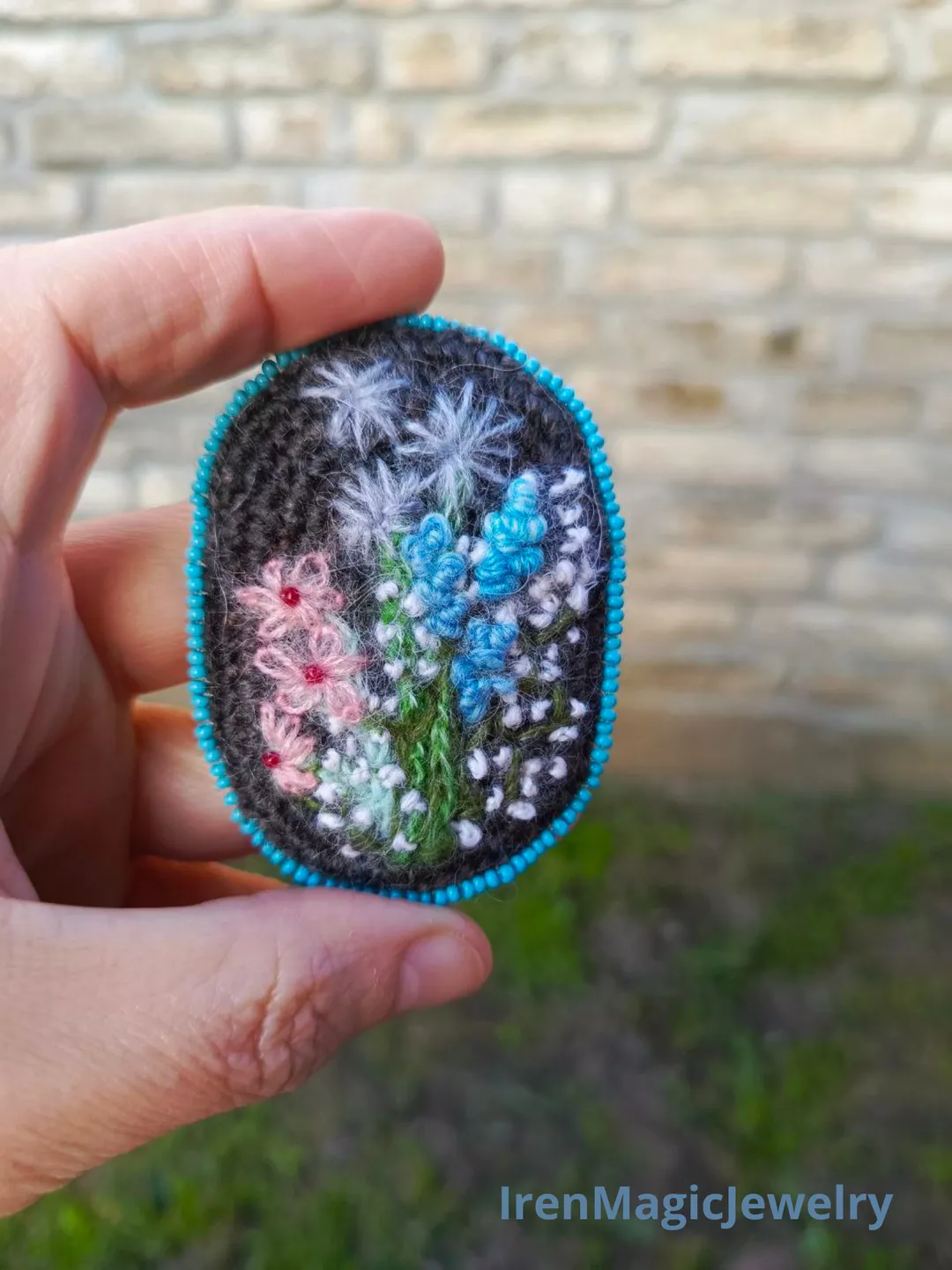 Mohair Crochet Brooch with Wildflower Embroidery
