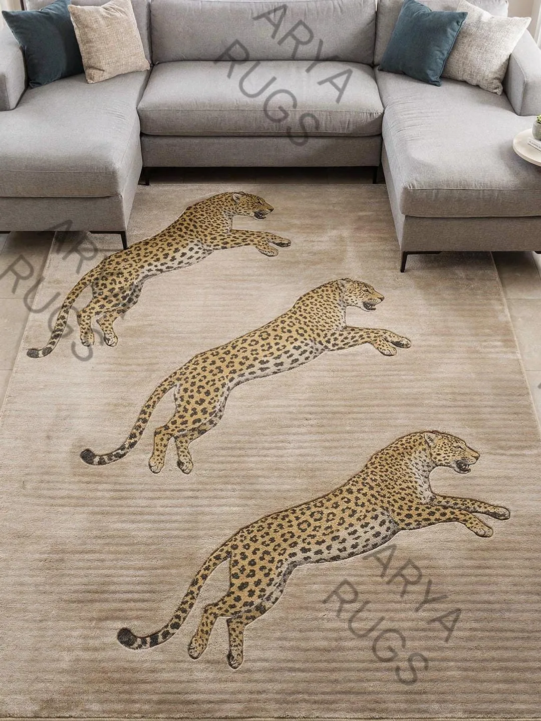 Hand Tufted Leaping Leopard Rug Wool Animal Carpet Safari Decor for ...