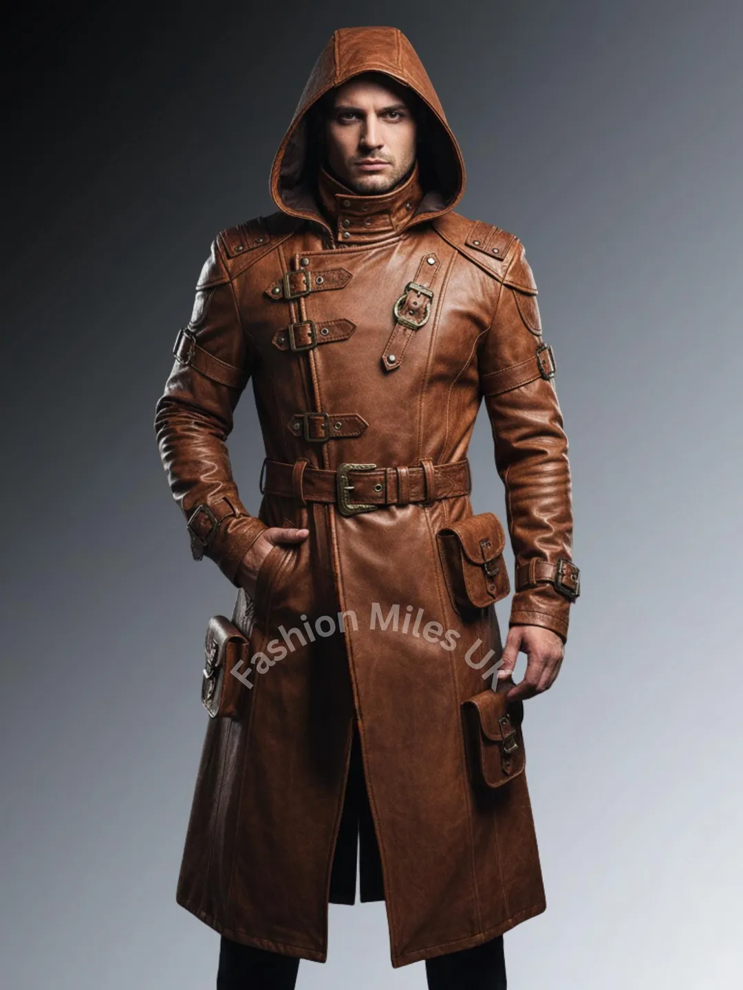 Men's Genuine Brown Cow Leather Long Coat with Hood | Handmade