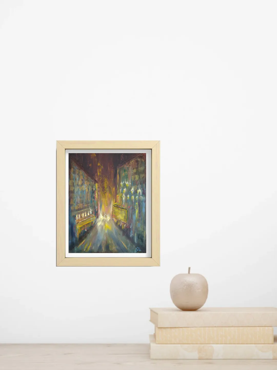 Oil painting with night city and lanterns, original art, night on the city streets, cardboard 12x8 inches