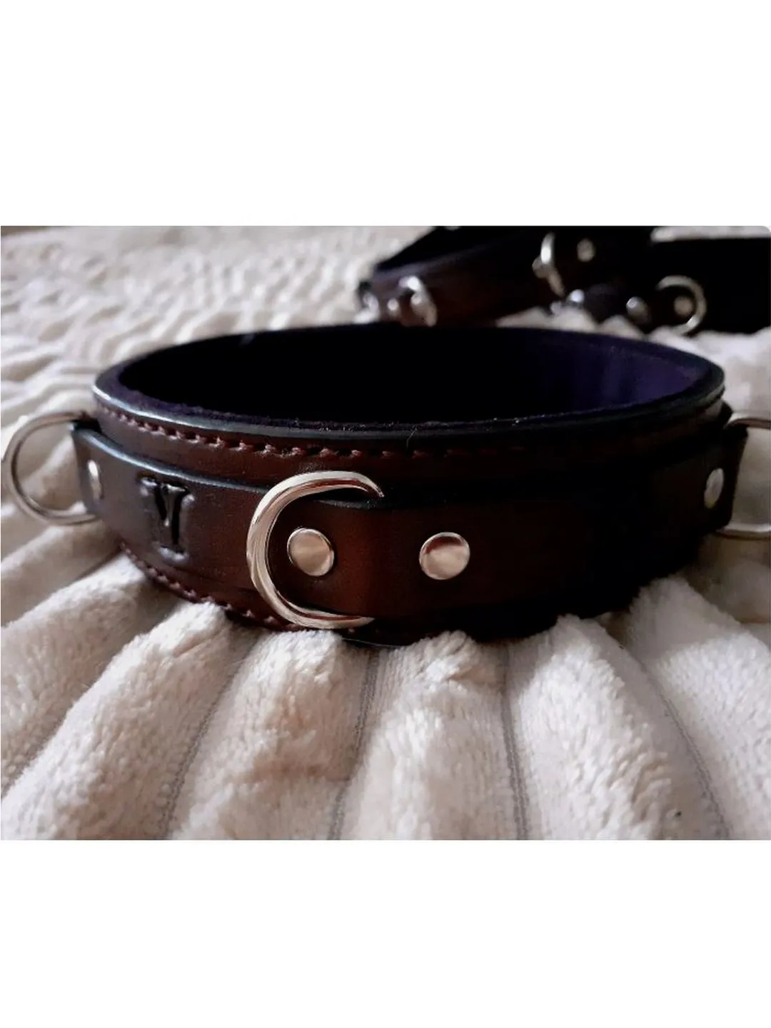 Personalized brown leather bondage bdsm collar with soft suede lining