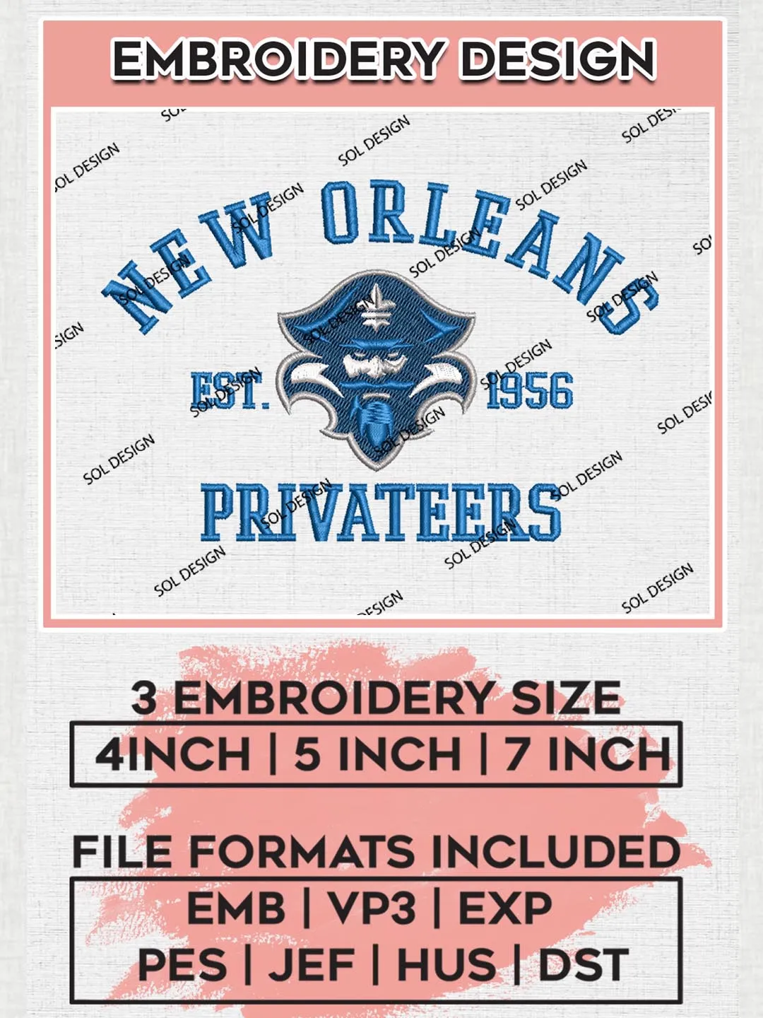 New Orleans Privateers Est 1956 Logo Embroidery Designs, NCAA New Orleans Privateers Team Embroidery, NCAA Team Logo, 3 sizes, Machine embroidery Files, Digital Download