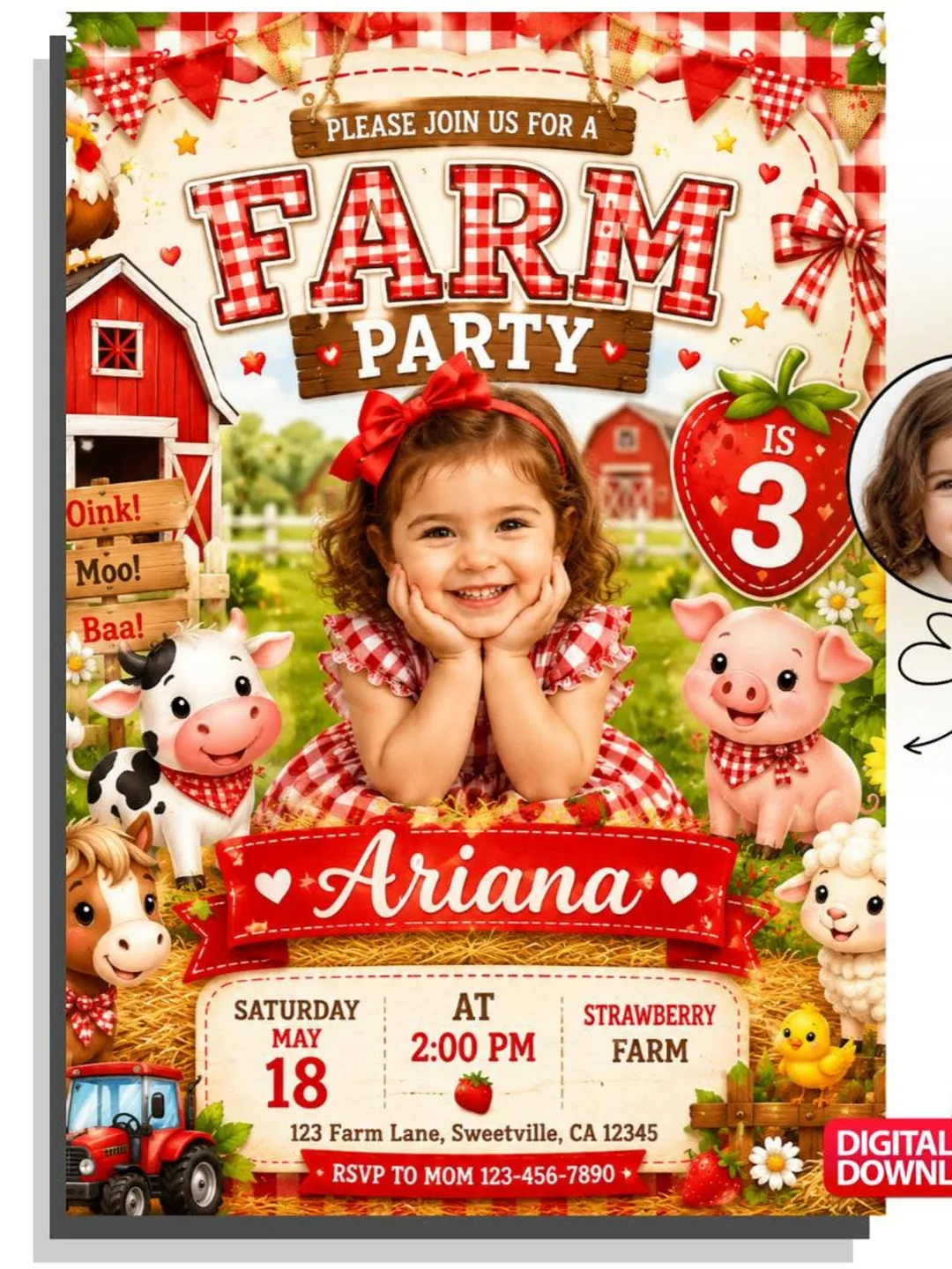 Custom Farm Birthday Invitation with Photo, Red Gingham Barnyard Party (Digital Download)