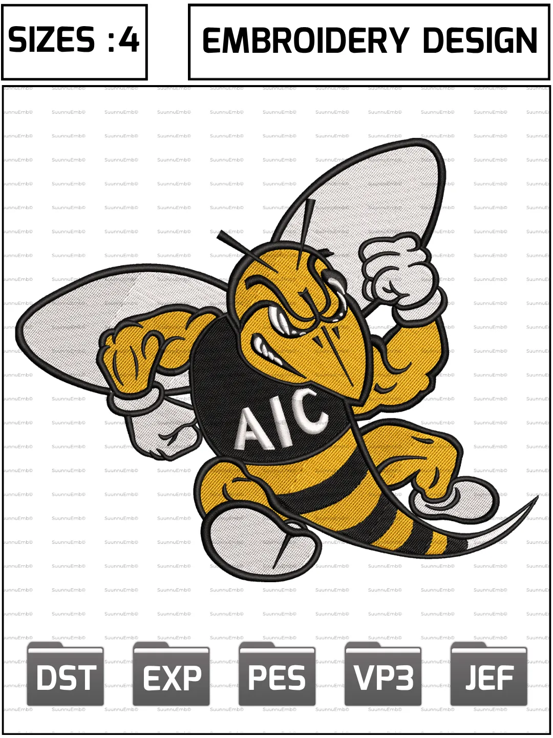 AIC Yellow Jackets Logo Embroidery Design,NCAA Logos Embroidery Design,NCAA Teams, Machine Embroidery Design File,4 Sizes, Digital Download