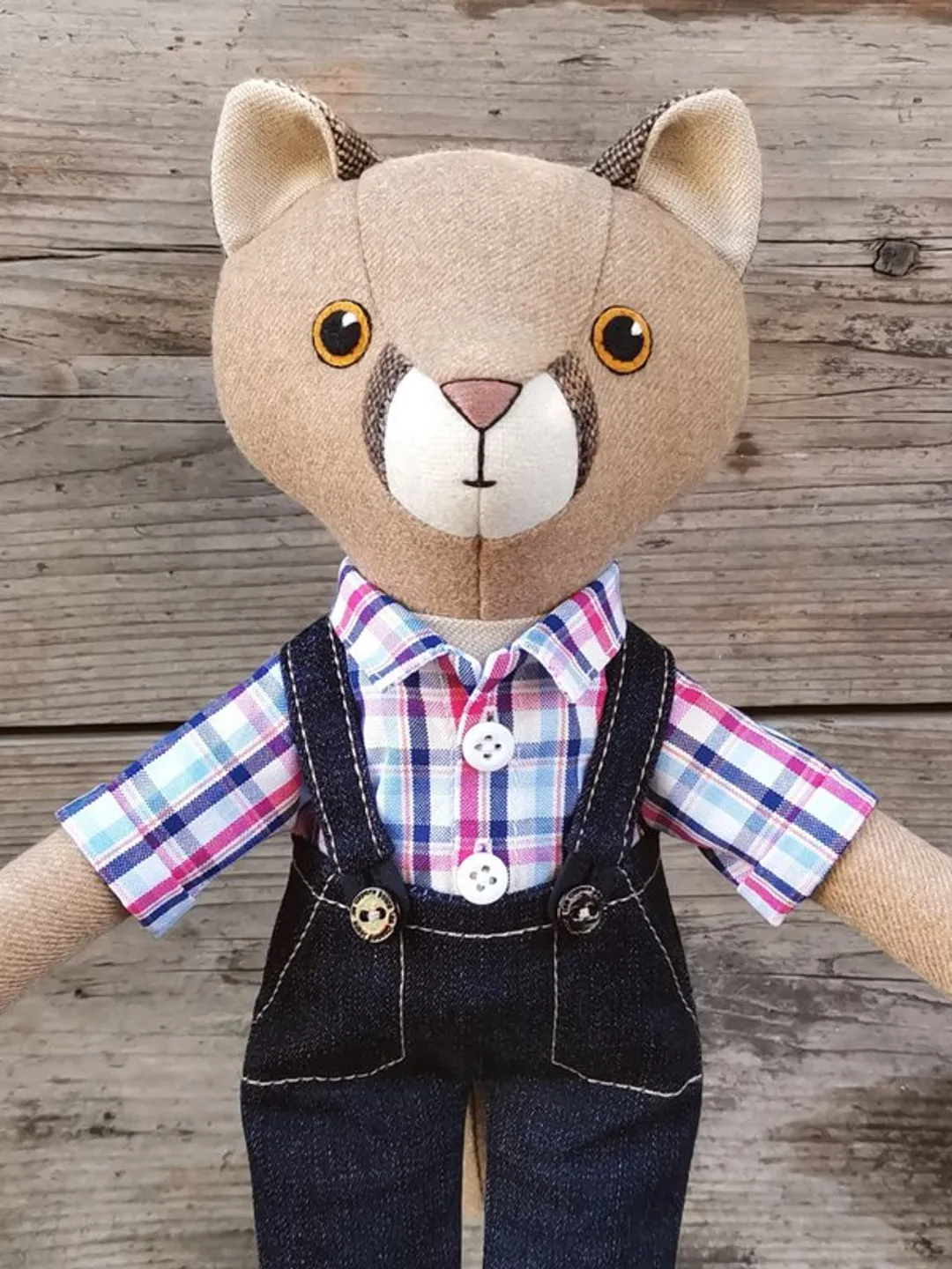 Beige puma boy, handmade plush stuffed doll, wool cougar toy, puma rag doll