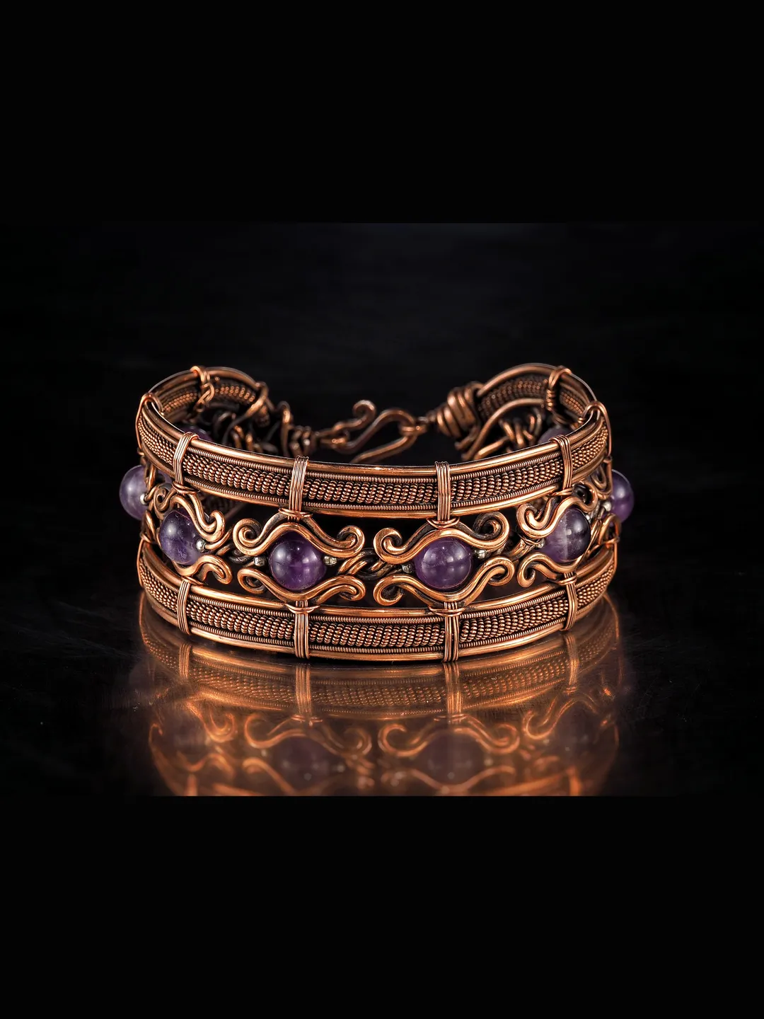 Copper wire wrapped bracelet with amethyst for lady Antique style WireWrapArt