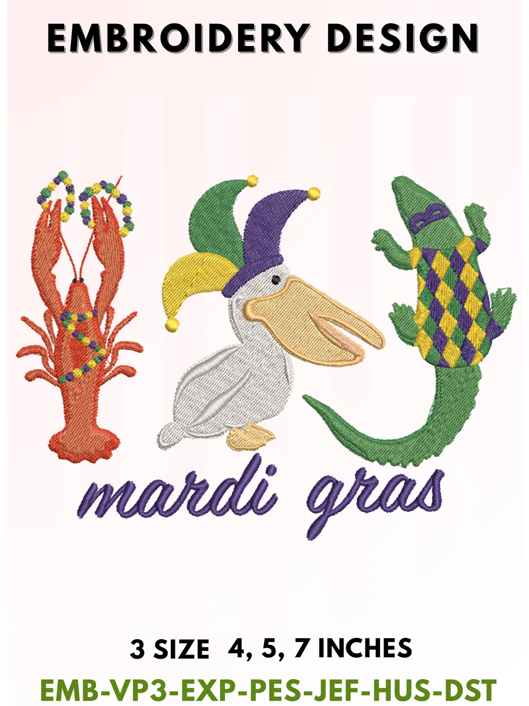 Mardi Gras Carnival Embroidery, Louisiana Crawfish Pelican & Gator Typography, Jester Hat & Harlequin Design, Festive New Orleans Wildlife Aesthetic, 3 Sizes