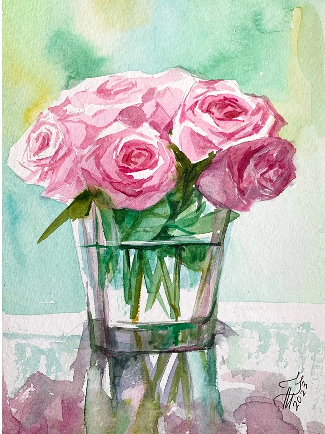 Roses in a vase watercolor painting