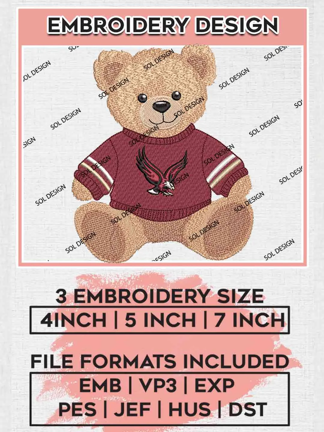 NCAA Boston College Eagles Teddy Bear Logo Embroidery Designs, NCAA Logo Embroidery files, NCAA Boston College Eagles Team, College Football Team Machine embroidery designs, Digital Download