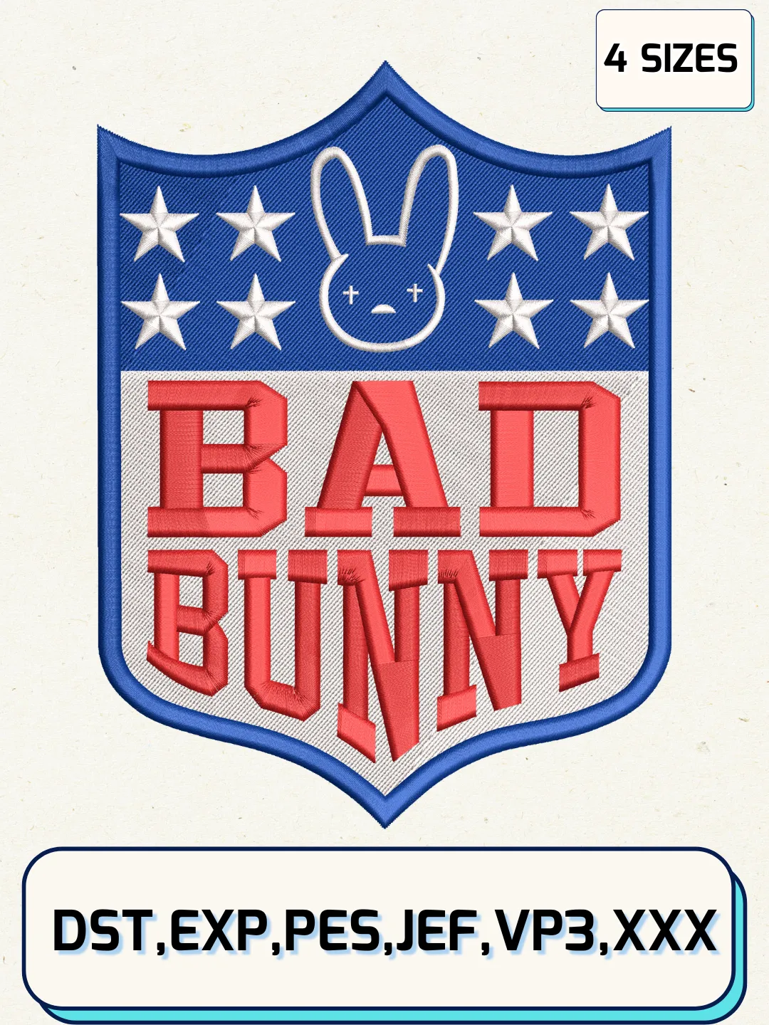 Bad Bunny Super Bowl Embroidery Design Files, NFL Logos Embroidery Designs, Machine Embroidery Files, 4 Sizes