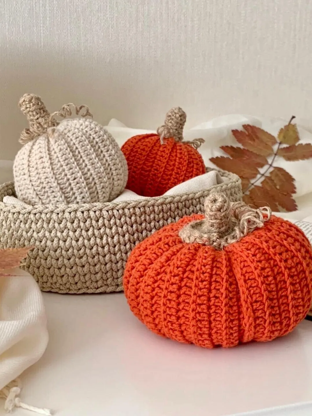 Knitted Pumpkin Set of 3 Cotton Yarn Polyacryl Halloween Autumn Orange White Boho Fall Decor Crochet Home Interior Furnishings Thanksgiving