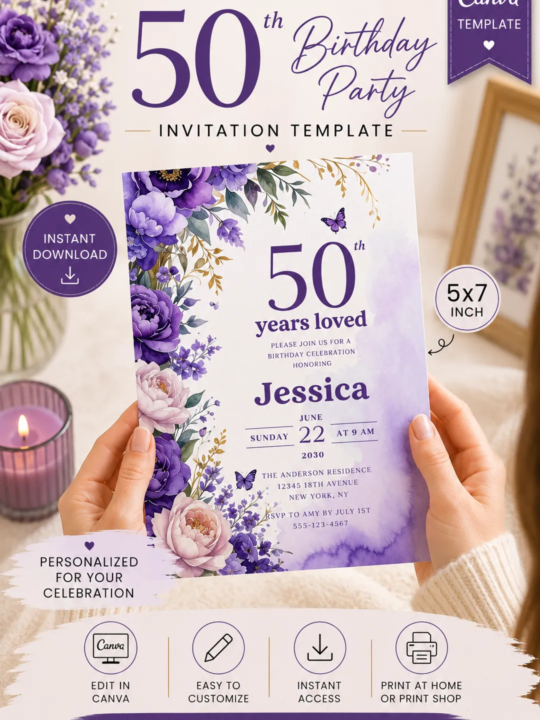 50th Birthday Invitation Canva Template, Purple Floral Butterfly Birthday Invite, Editable 50 Years Loved Party Invitation Digital Download