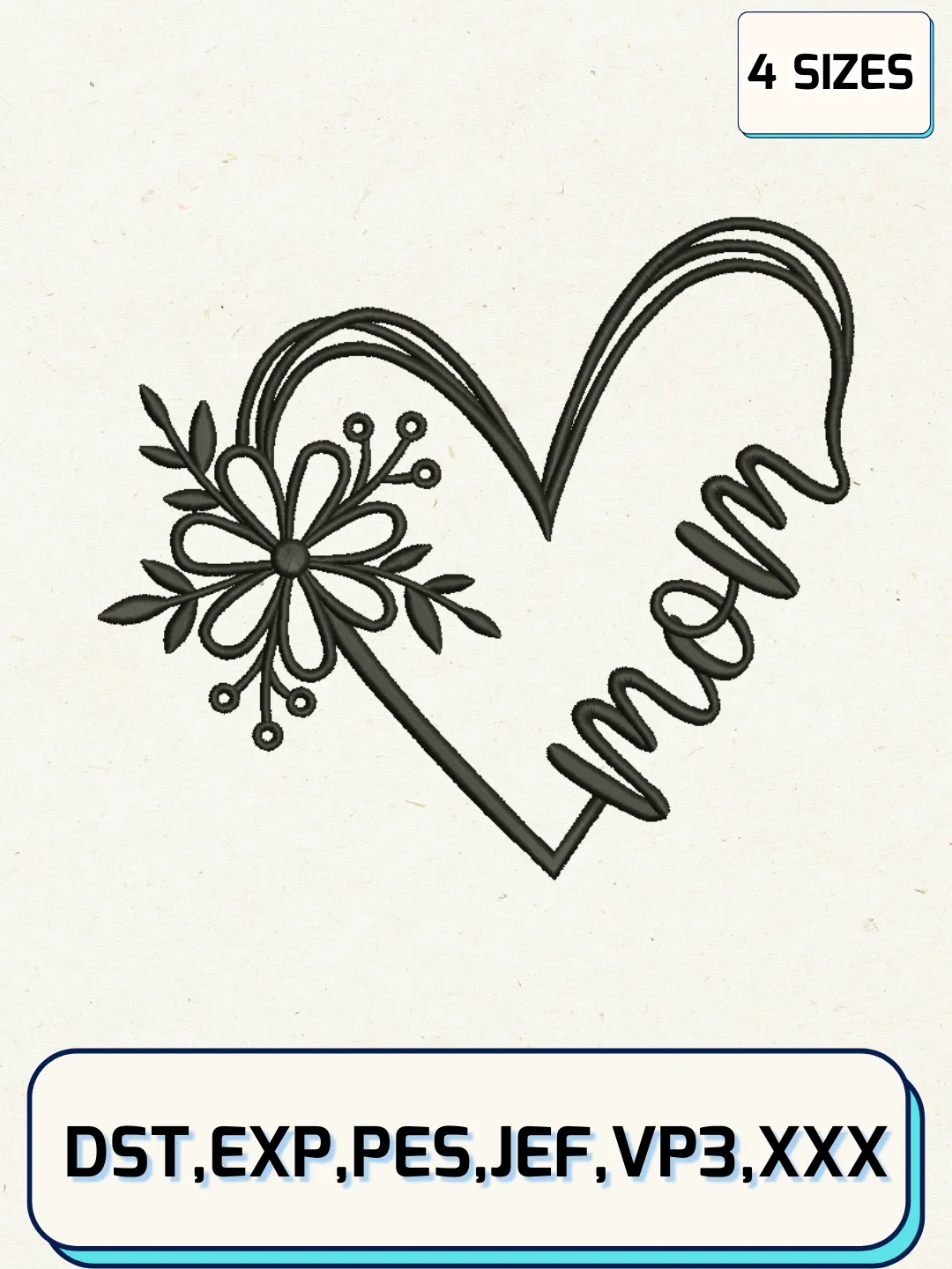 Mom Flower Heart Embroidery Design Files, Mother's Day Logos Embroidery Designs, Machine Embroidery Files, 4 Sizes