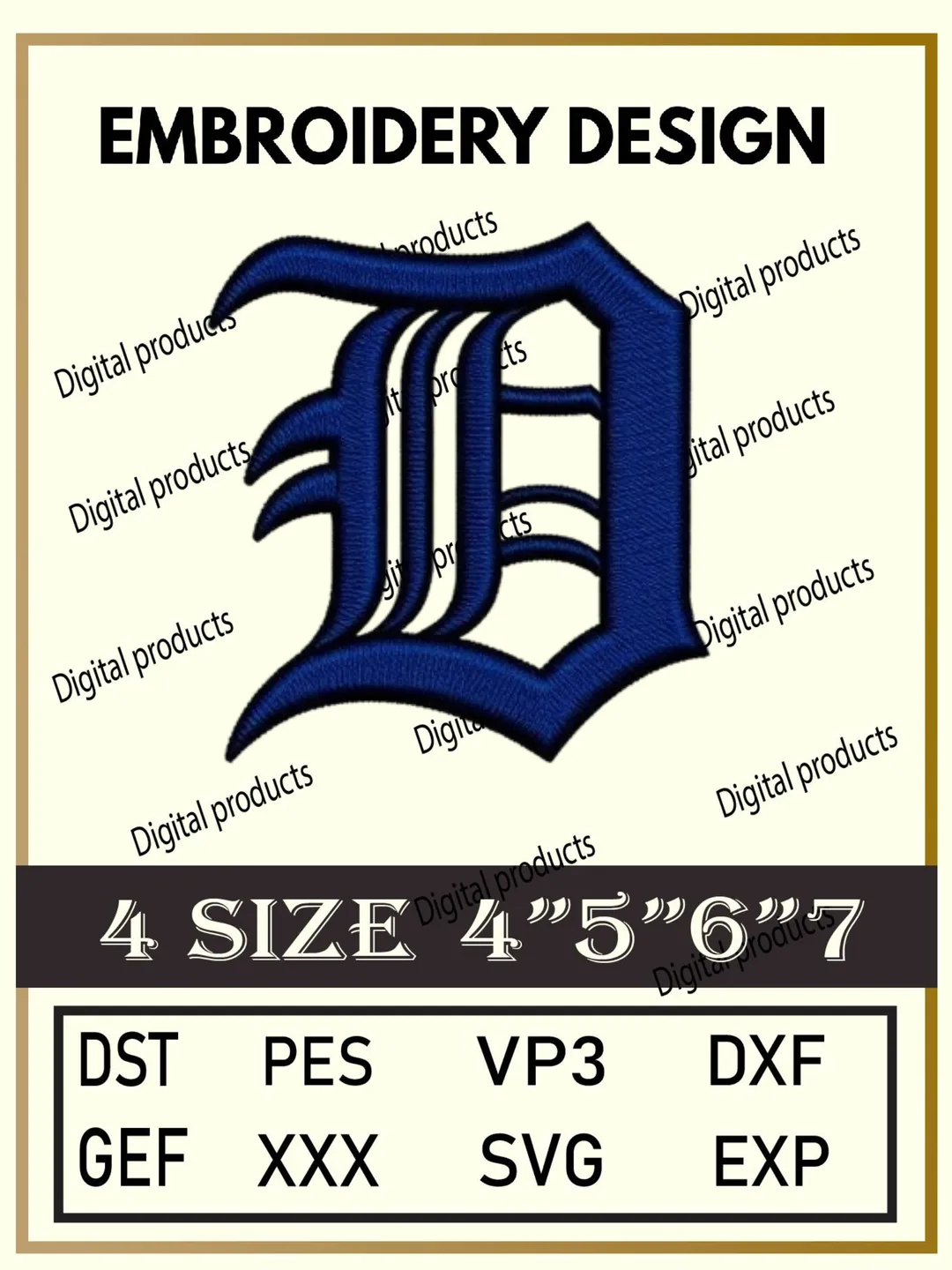 Detroit Tigers Embroidery Design Digital Logo Pattern with Gothic Letter D for Machine Embroidery Projects in Four Sizes with Multiple Compatible Formats Including DST, PES, VP3, DXF, GEF, XXX, SVG, EXP Download