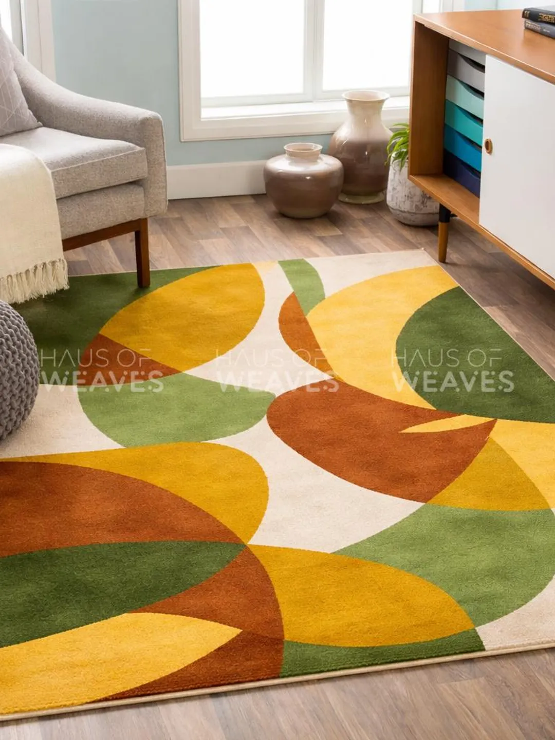 Hand Tufted Wool Area Rug – Retro Geometric, Mustard Rust