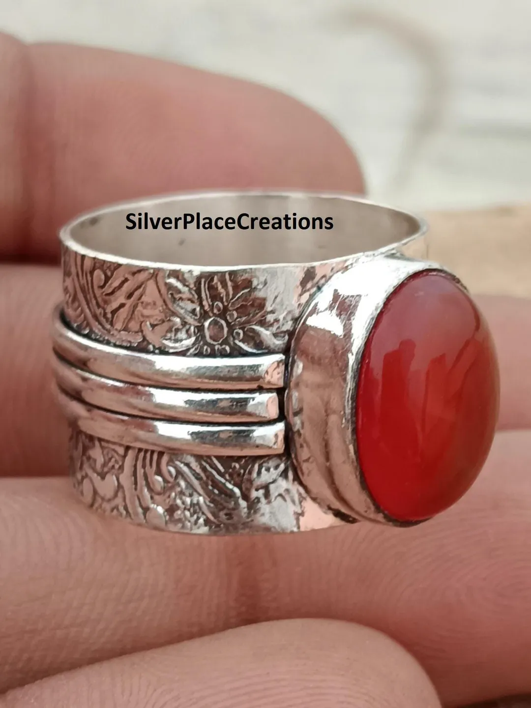 Western Indian Jewelry, 925 Sterling Silver Jewelry, Coral Gemstone Ring, Meditation Ring, Spinner Band Ring, Anniversary Ring, Anxiety Ring