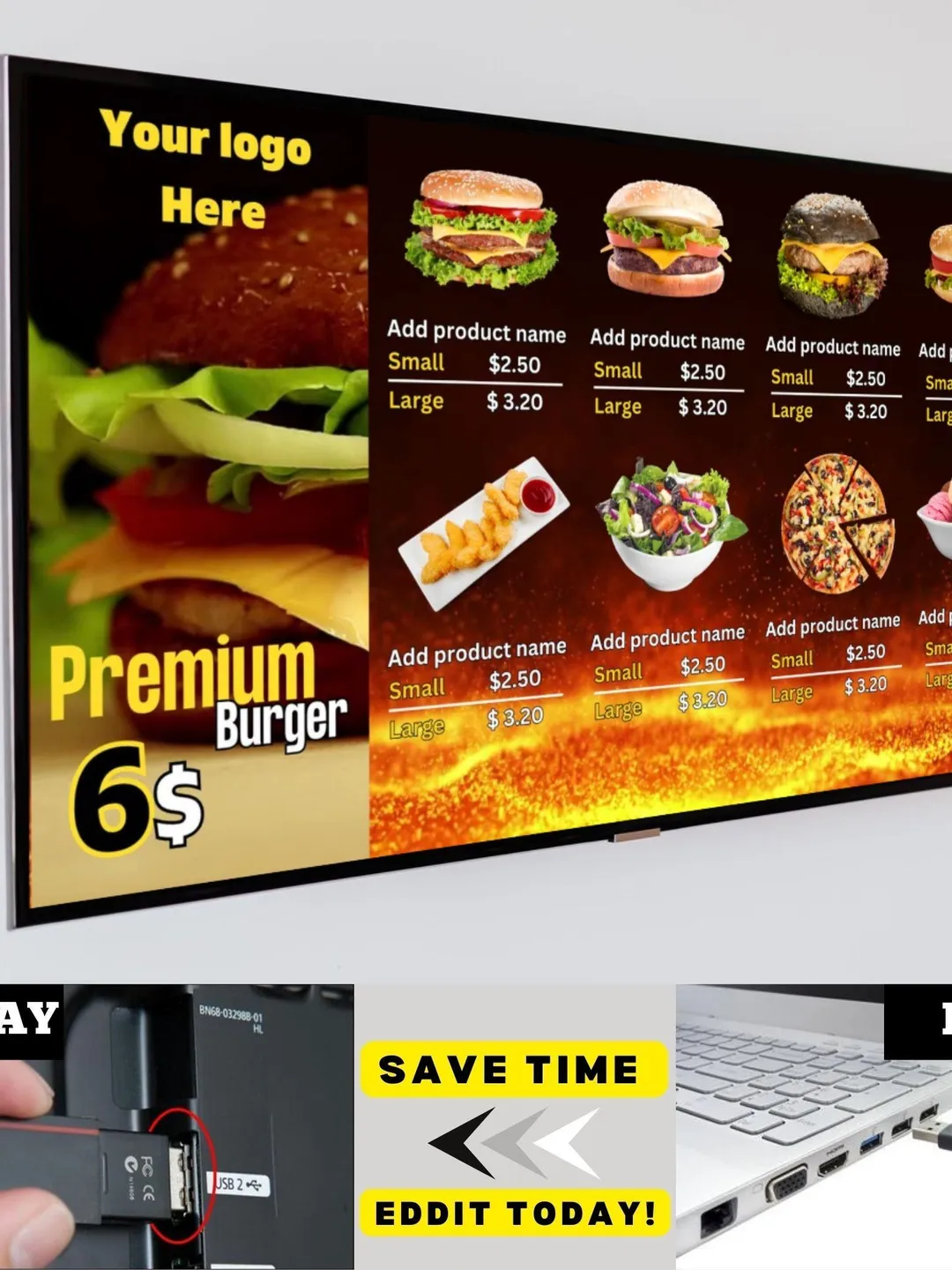 Burger Restaurant TV Menu Board: Editable Canva Template (Digital Download)