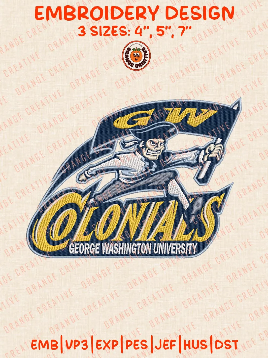 NCAA George Washington Colonials Logo Embroidery Design Files, NCAA Logos Embroidery Designs, NCAA Machine Embroidery Files, 3 Sizes, Custom Sizes, Instant Download