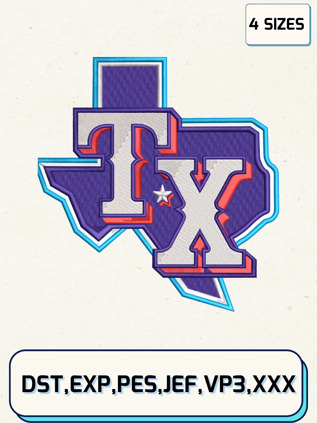 Texas Rangers Alternate Logos Embroidery Design Files, MLB Logos Embroidery Designs, Machine Embroidery Files, 4 Sizes