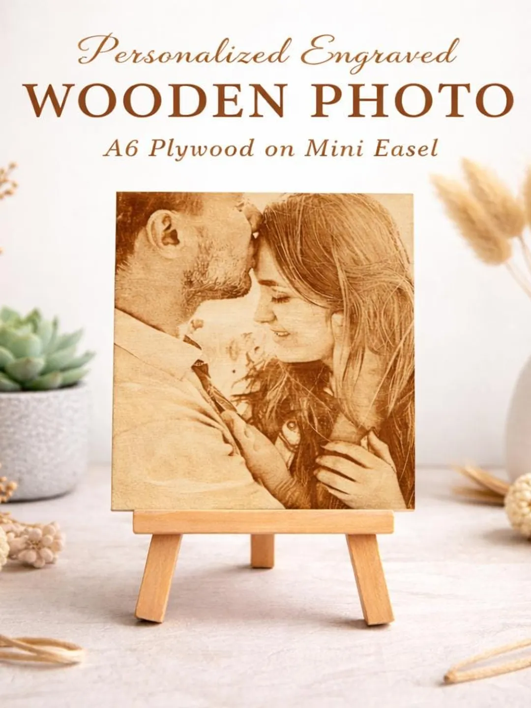 Custom Photo on Wood - Personalized Engraved A6 Wooden Photo Plaque with Mini Easel - Anniversary Gift for Couple, Romantic Keepsake