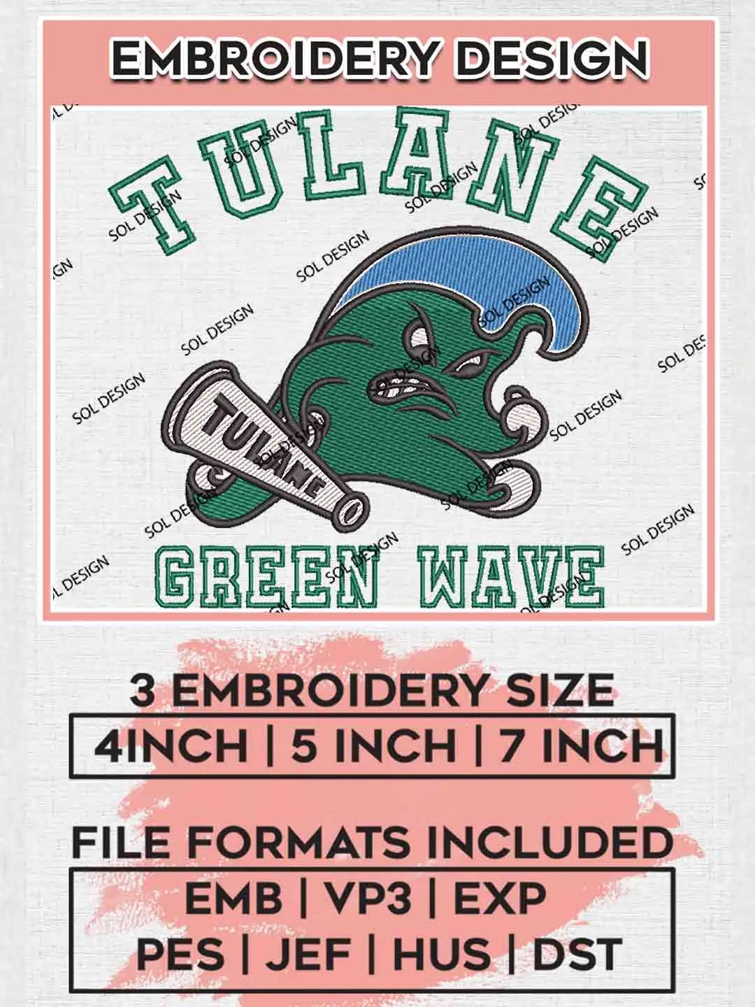 Tulane Green Wave Logo Embroidery Designs, NCAA Logo Embroidery files, NCAA Tulane Green Wave Team, Machine embroidery designs, Instant Download